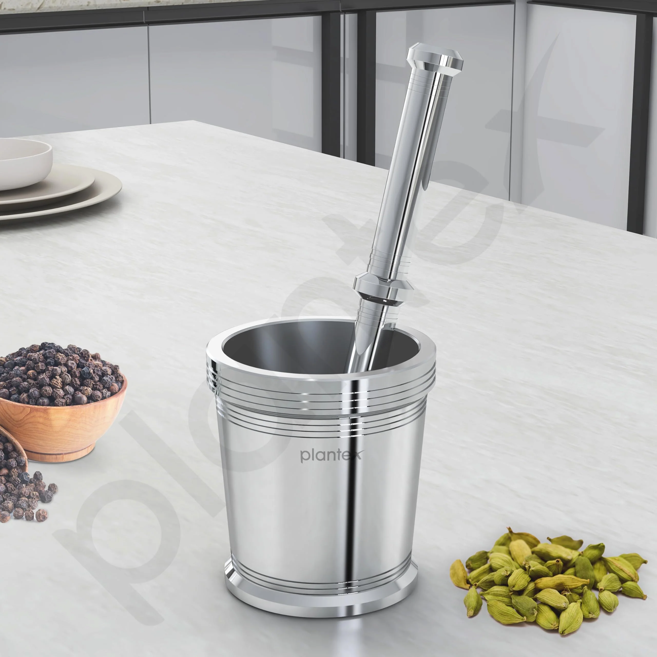Plantex Heavy Stainless Steel Mortar & Pestle Set/Spice Mixer/Khalbatta/Khal/Okli for Kitchen - Size 5(Dia: 9, H: 10 cm) - Image 3