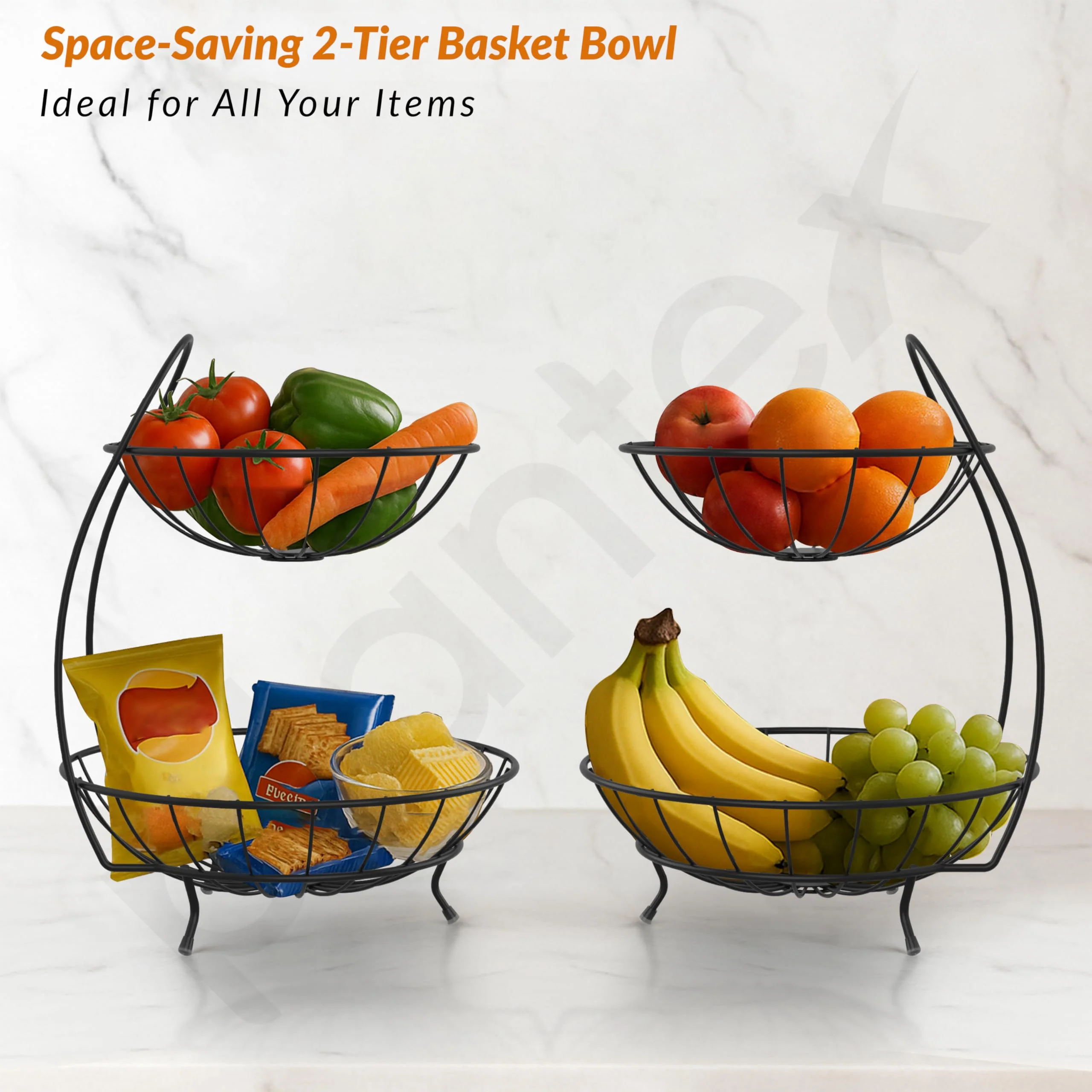 Plantex Heavy Steel 2-Tier Fruit & Vegetable Basket For Dining Table/Kitchen - Countertop (Black), 9 Liter , 23 x 32 x 28 Centimeters - Image 2