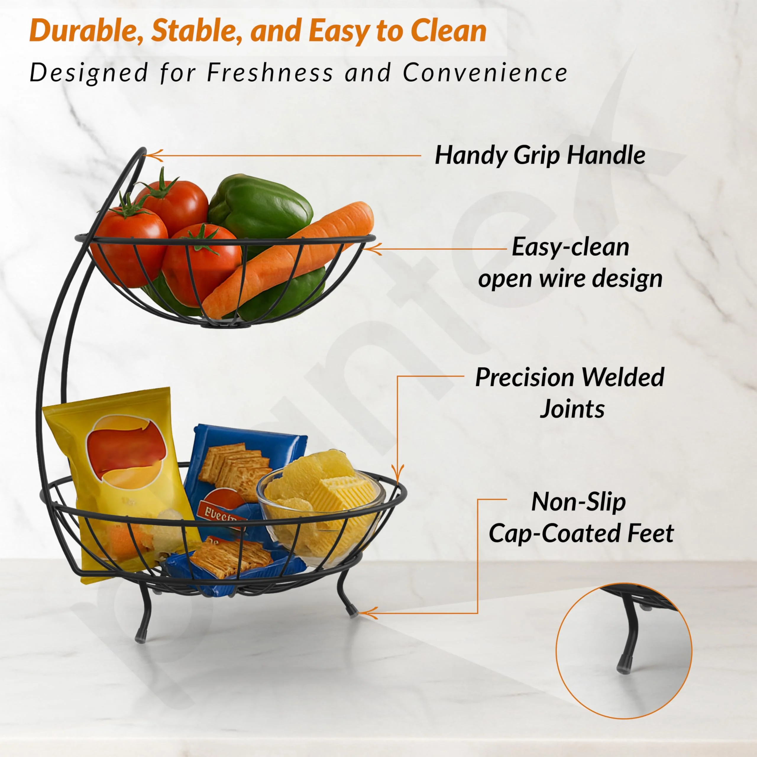 Plantex Heavy Steel 2-Tier Fruit & Vegetable Basket For Dining Table/Kitchen - Countertop (Black), 9 Liter , 23 x 32 x 28 Centimeters - Image 3
