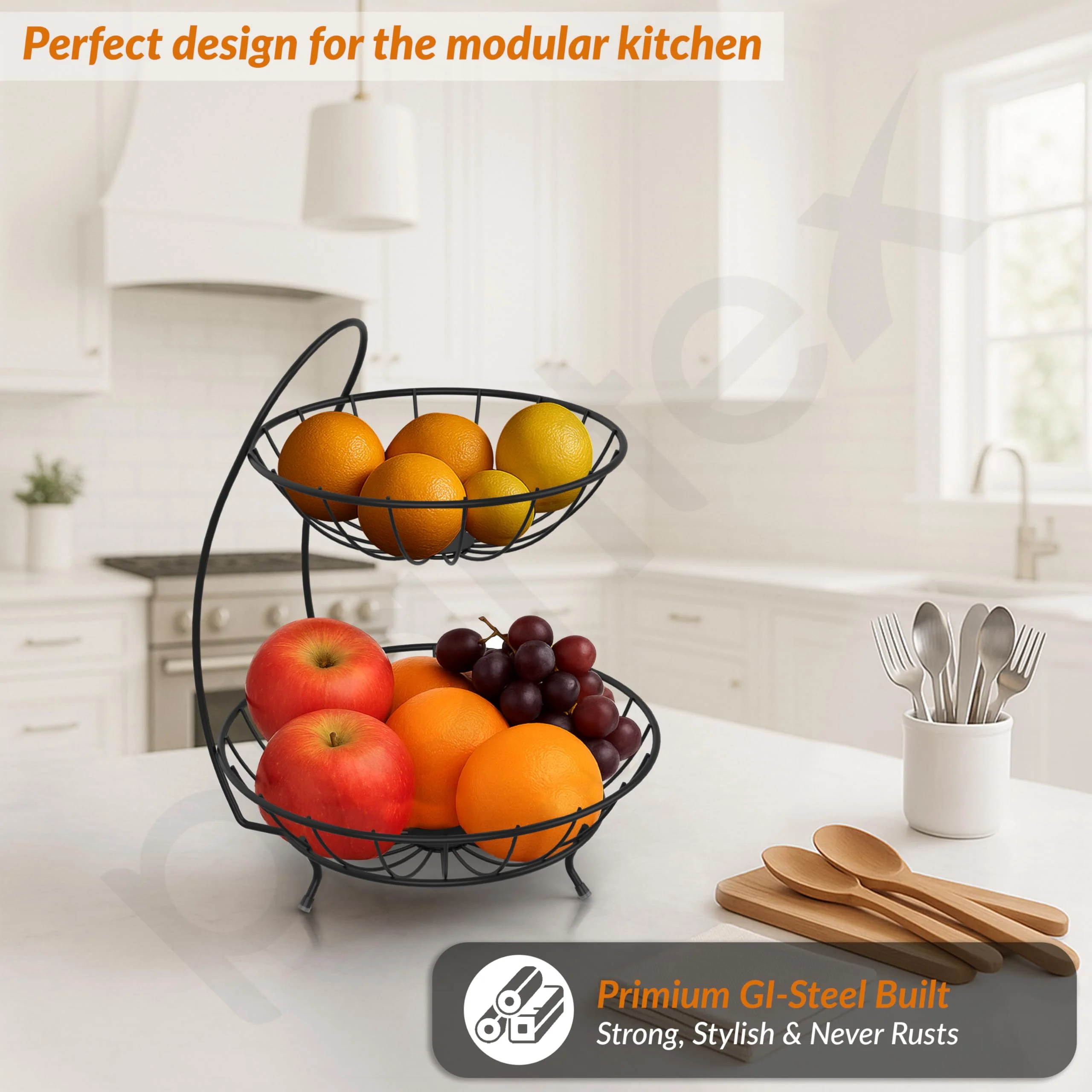 Plantex Heavy Steel 2-Tier Fruit & Vegetable Basket For Dining Table/Kitchen - Countertop (Black), 9 Liter , 23 x 32 x 28 Centimeters - Image 7