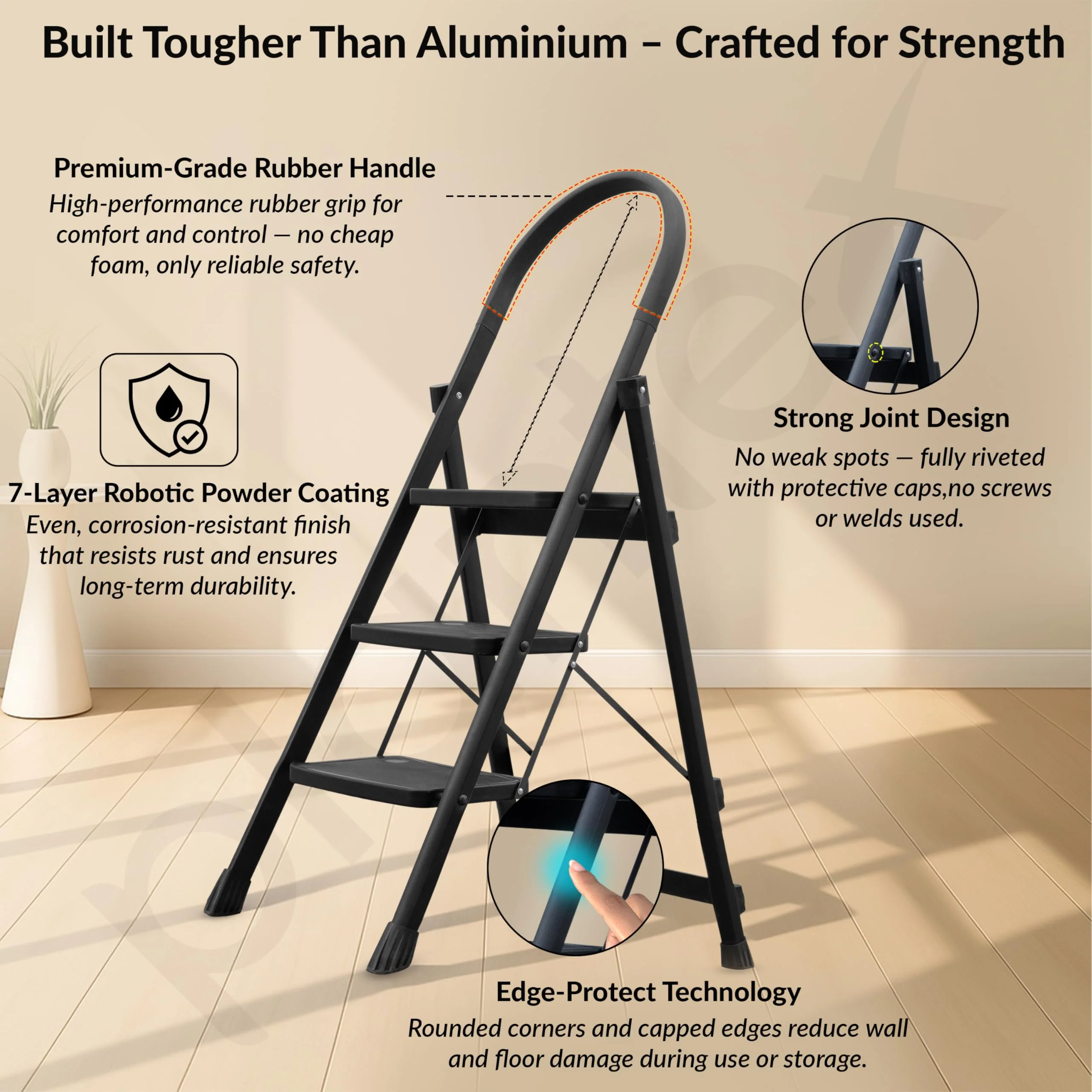 Plantex Hercules Pro 3-Step Foldable Ladder for Home with 200 kg Load Capacity/Heavy-Duty GI Steel Ladder/Anti-Slip Wide Step/Strong, Stable & Multi-Purpose (Black) - Image 2