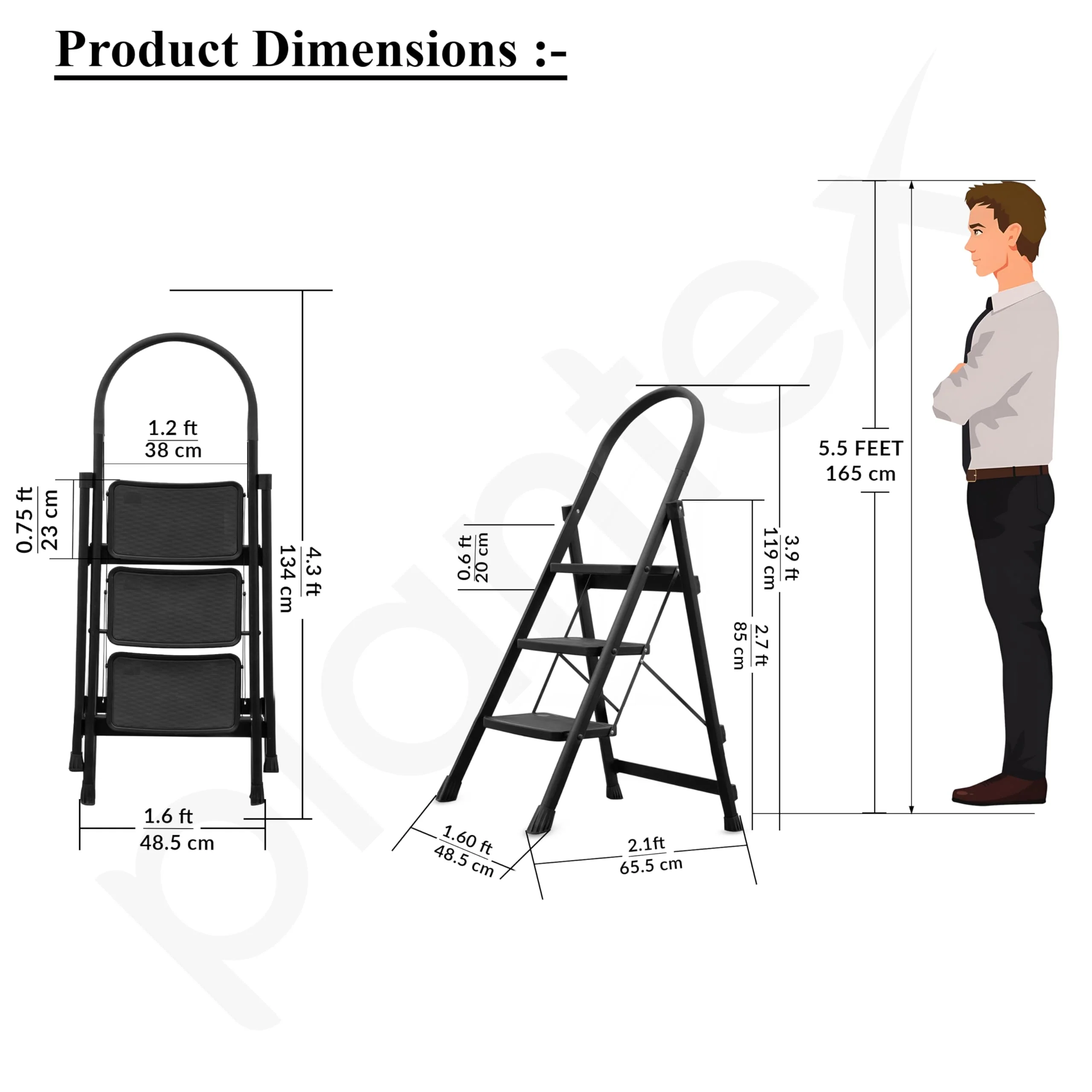 Plantex Hercules Pro 3-Step Foldable Ladder for Home with 200 kg Load Capacity/Heavy-Duty GI Steel Ladder/Anti-Slip Wide Step/Strong, Stable & Multi-Purpose (Black) - Image 3