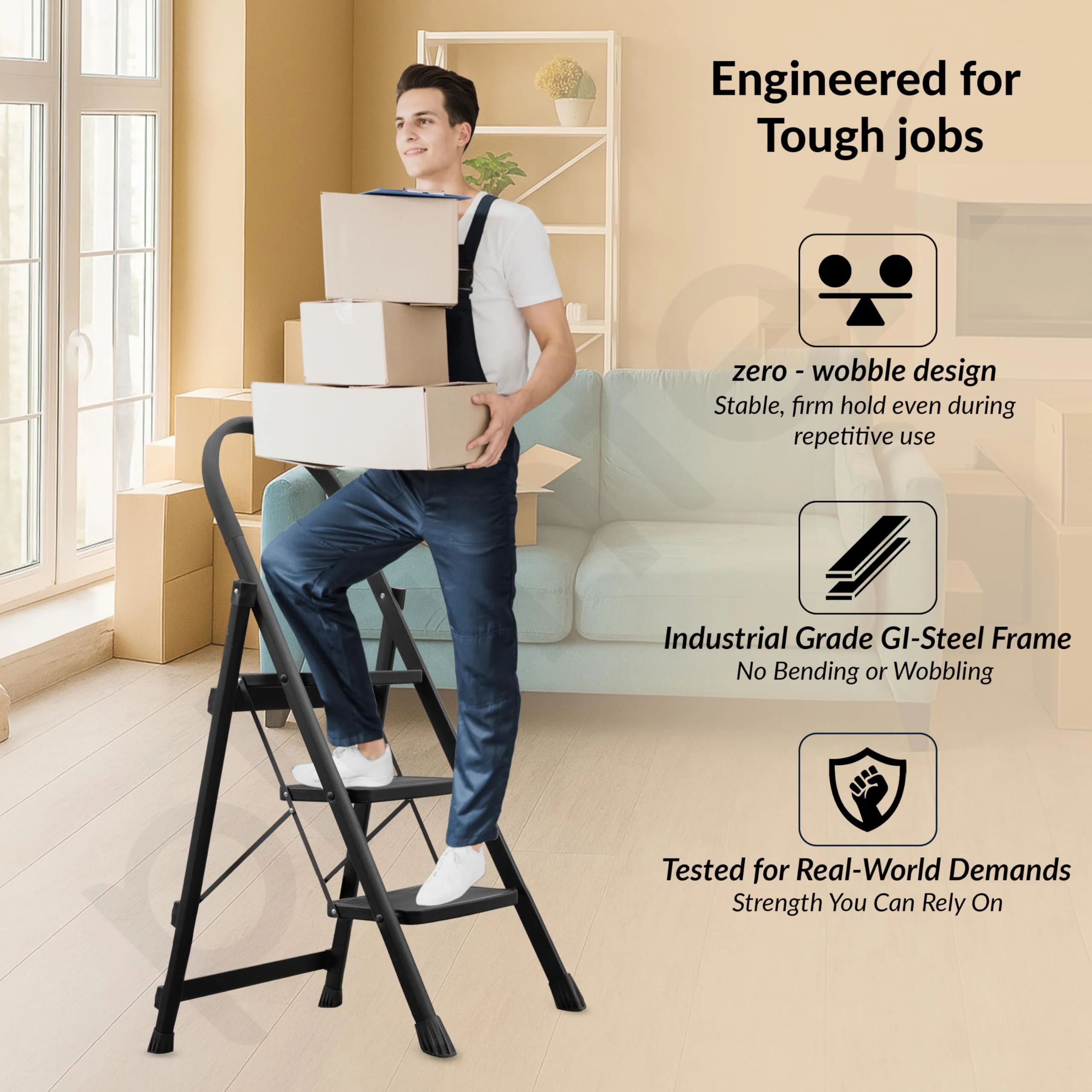Plantex Hercules Pro 3-Step Foldable Ladder for Home with 200 kg Load Capacity/Heavy-Duty GI Steel Ladder/Anti-Slip Wide Step/Strong, Stable & Multi-Purpose (Black) - Image 6