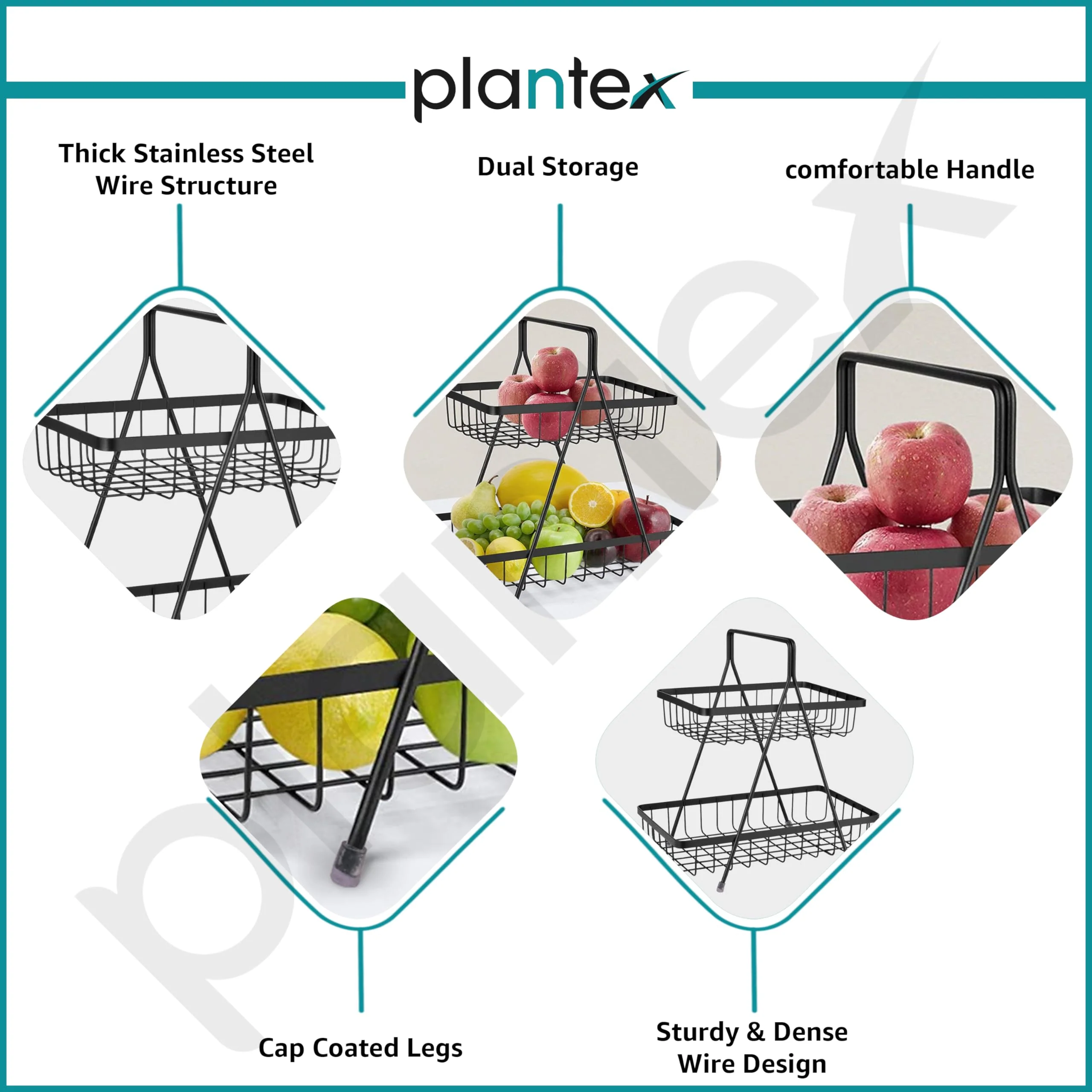 Plantex High Grade Steel 2-Tier Fruit & Vegetable Basket, Countertop Tiered Shelf for Dining Table/Kitchen (Black) - Image 3