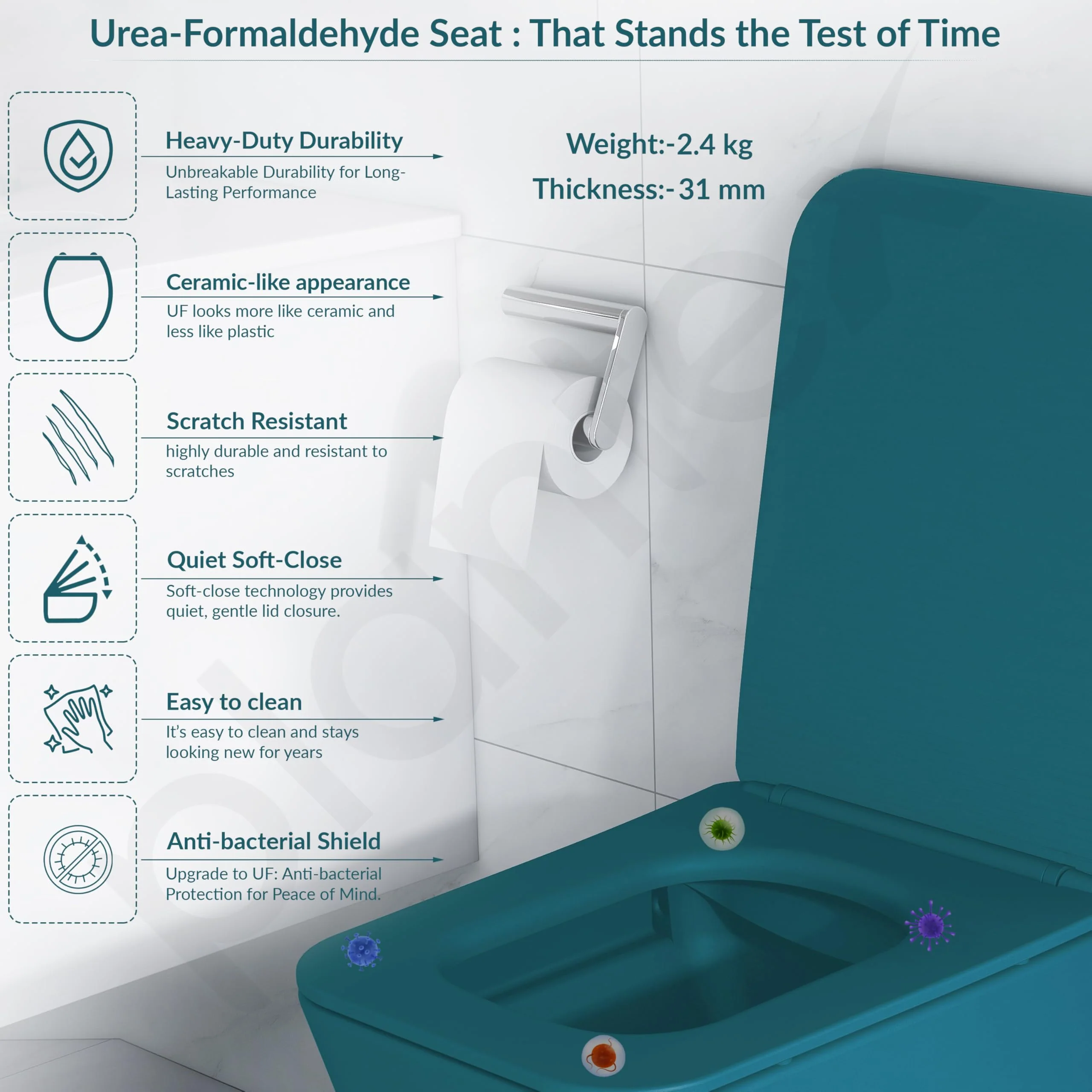 Plantex Imported Ceramic Wall Hung Commode for Toilet/Rimless Washdown Flushing/Western Commode with Soft Closing Toilet Seat - P Trap - (Pine Blue) - Image 4