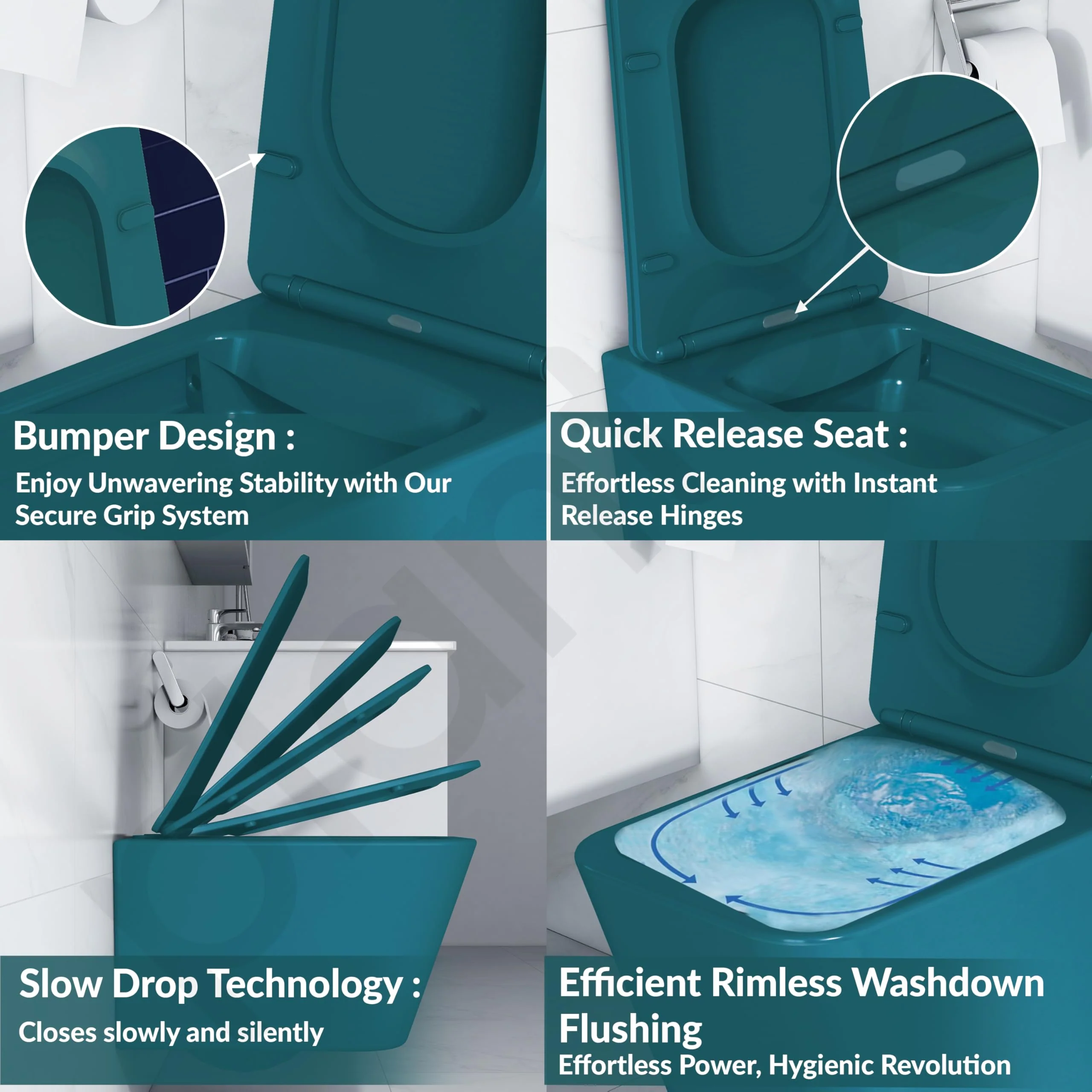 Plantex Imported Ceramic Wall Hung Commode for Toilet/Rimless Washdown Flushing/Western Commode with Soft Closing Toilet Seat - P Trap - (Pine Blue) - Image 5