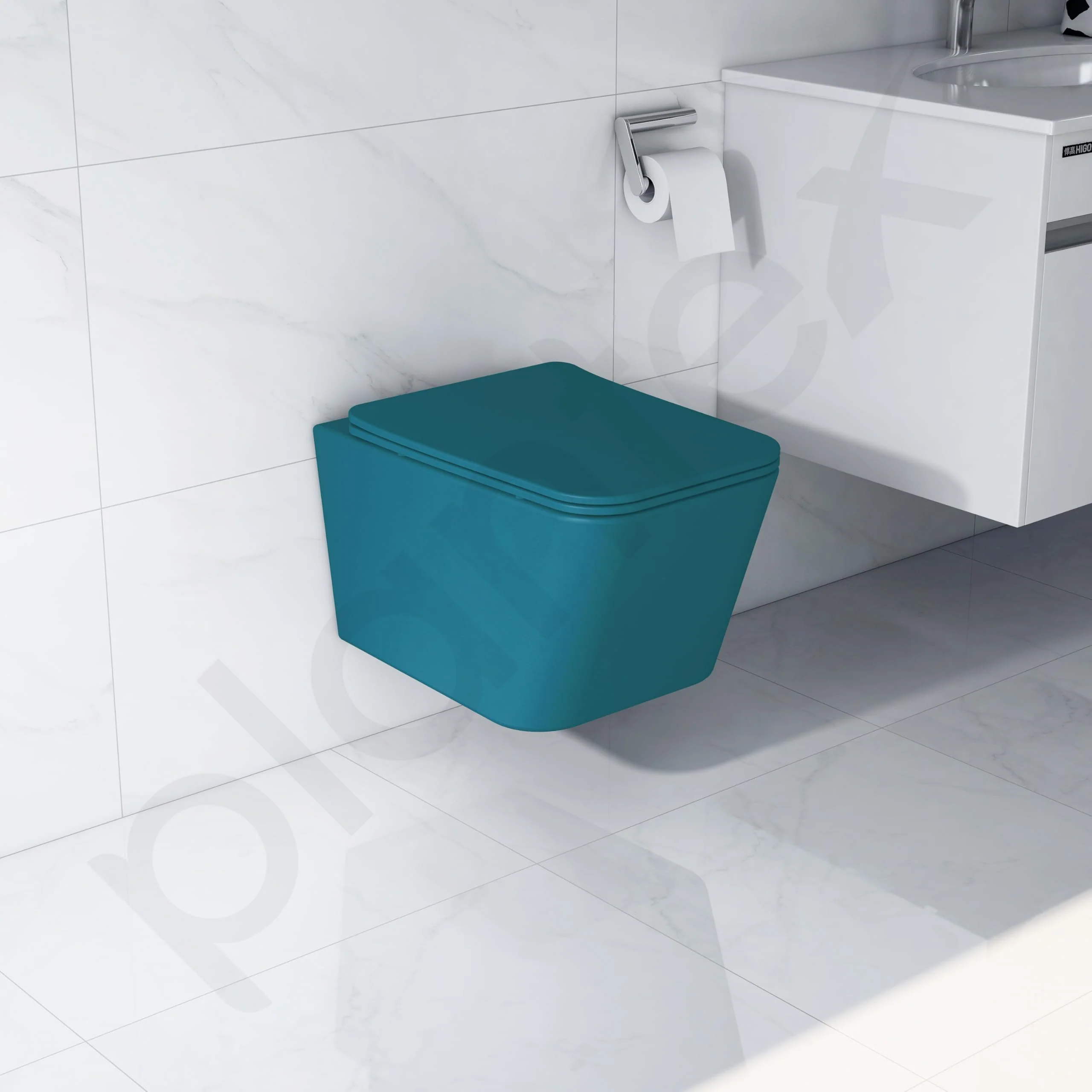 Plantex Imported Ceramic Wall Hung Commode for Toilet/Rimless Washdown Flushing/Western Commode with Soft Closing Toilet Seat - P Trap - (Pine Blue) - Image 7