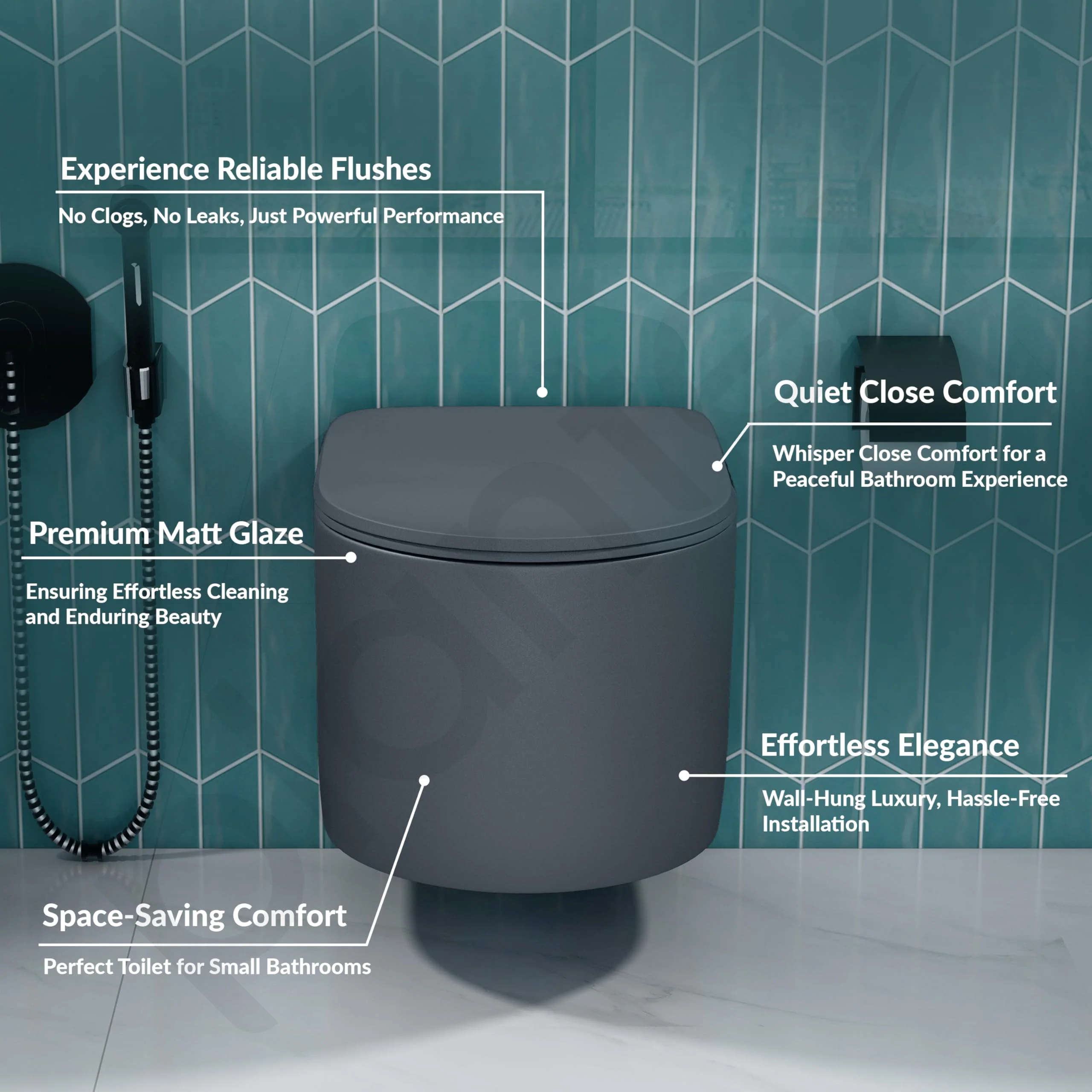 Plantex Imported Ceramic Wall Hung Commode/Rimless Washdown Flush Western Toilet/Commode with Soft Closing Toilet Seat - P Trap (Round - Matt Grey) - Image 2