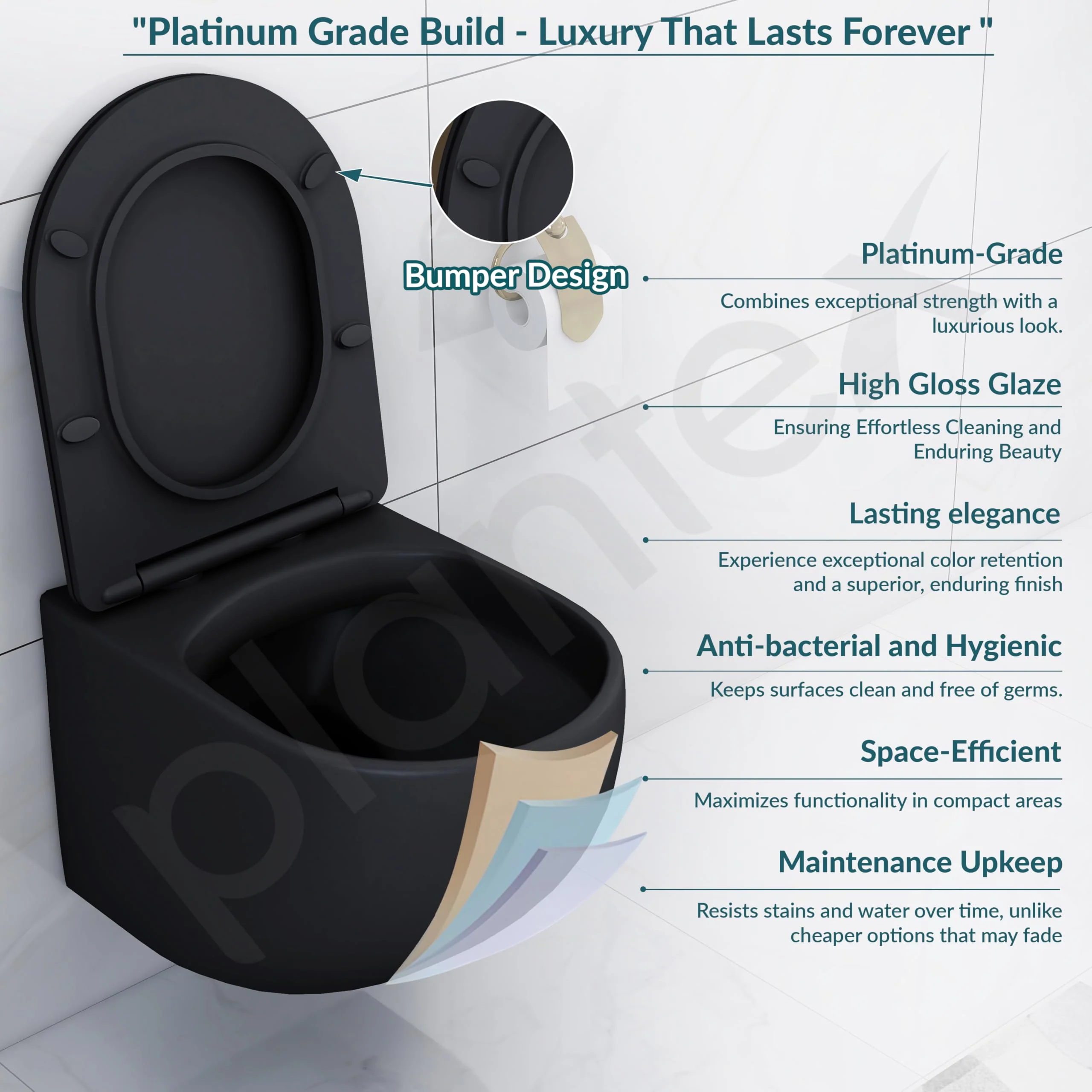 Plantex Imported Ceramic Western Commode for Toilet/Wall Hung Commode/Rimless Washdown Flush Commode with Soft Closing Toilet Seat Cover - P Trap (Matt Black) - Image 2