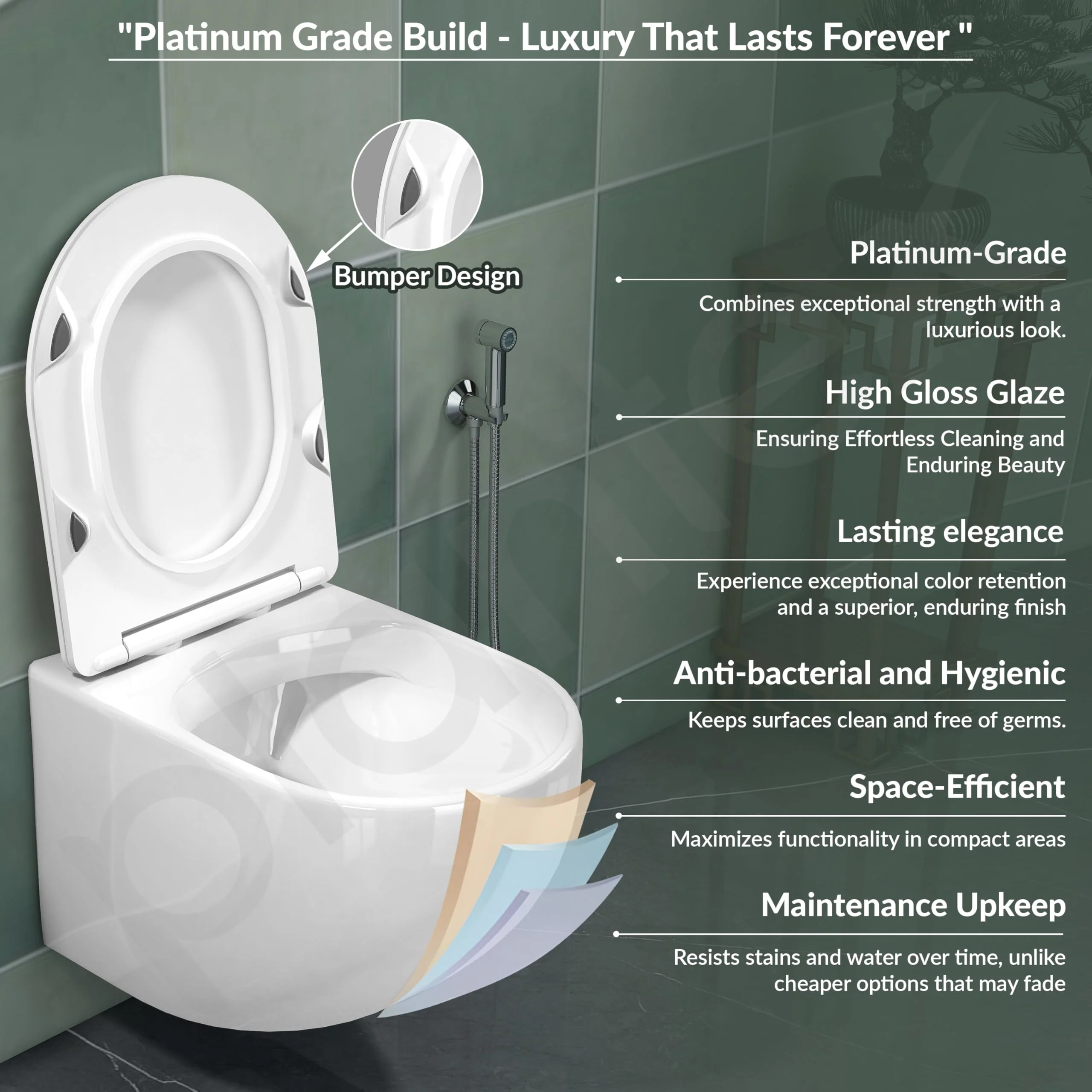 Plantex Imported Ceramic Western Commode Toilet/P Trap Wall Hung Commode for Bathroom/Rimless Washdown Western Toilet with Soft Close Toilet Seat Cover (Glossy White) - Image 2