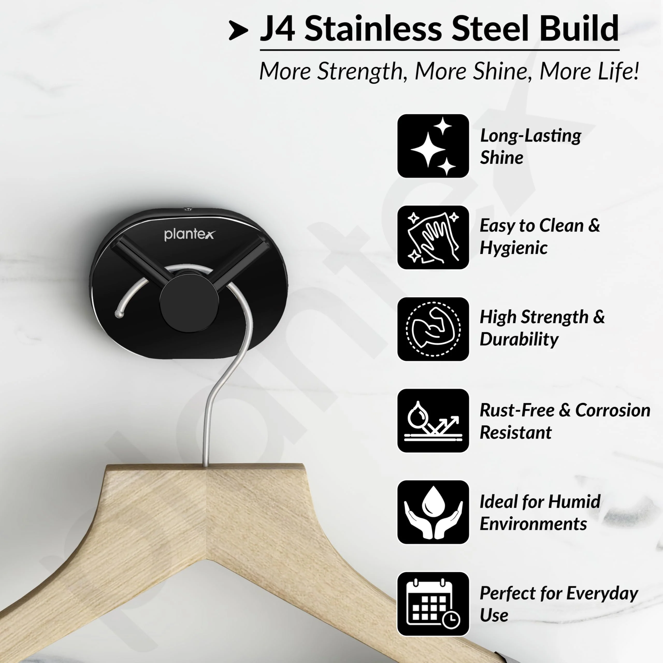 Plantex J4 Stainless Steel Clothes Hanger for Wall/Hangers for Bathroom/Robe Hook/Bathroom Accessories (PVD Black Finish) Onix - Image 2