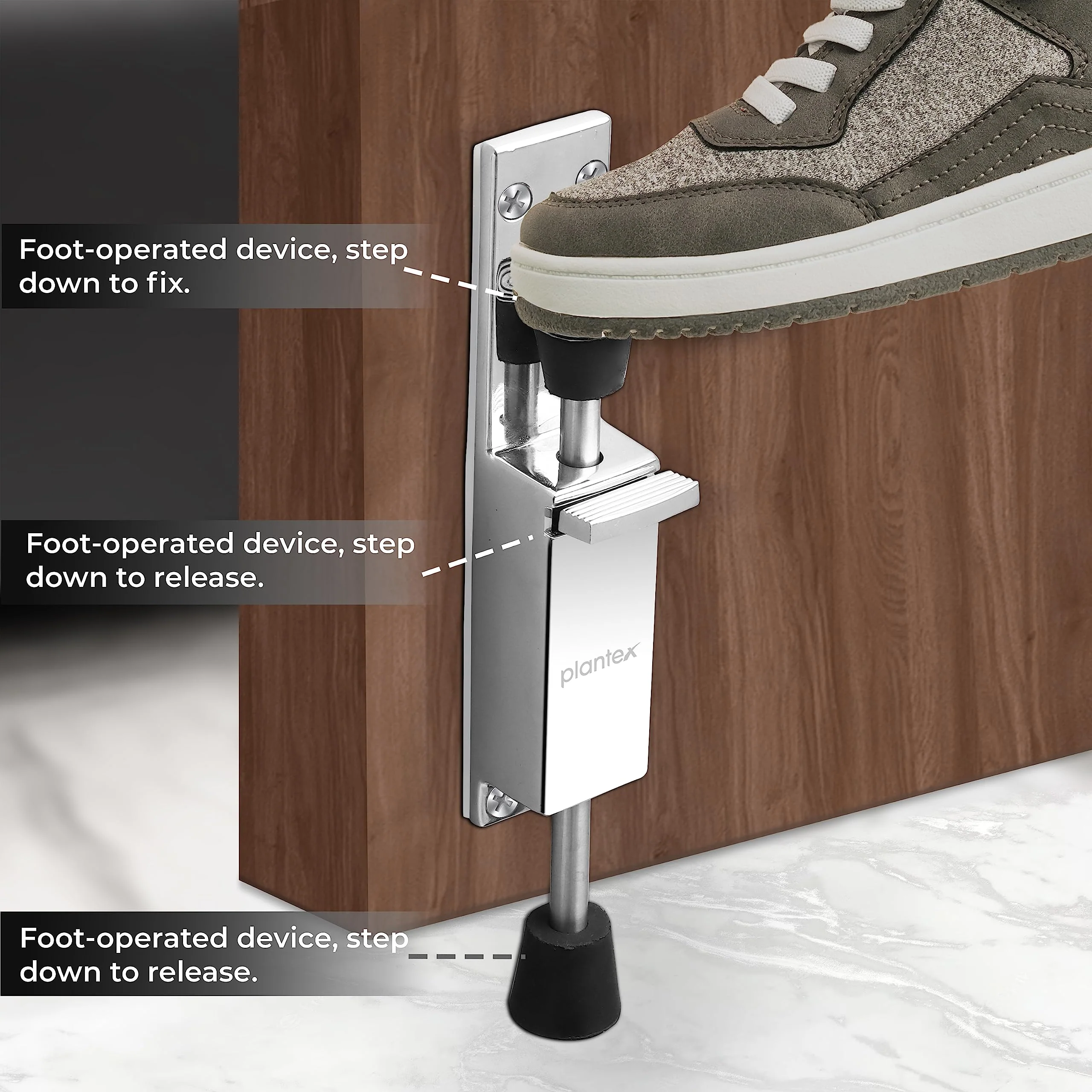 Plantex Kickdown Door Stoper Spring Loaded Telescopic Step On/Off Door Stopper Rubber, Adjustable Heavy Duty Door Locks Holder Stop/Release by Foot - (Chrome) - Image 4
