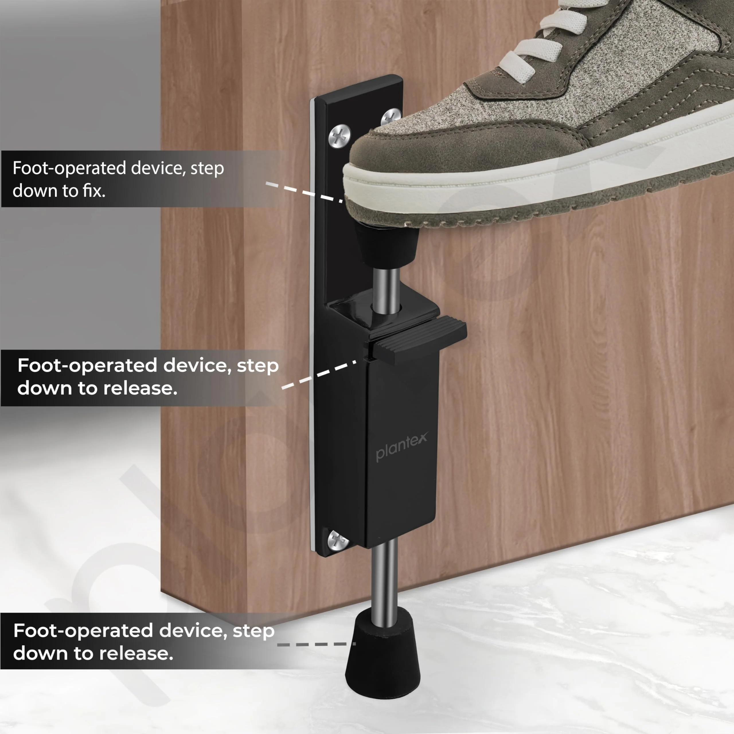 Plantex Kickdown Door Stopper Spring Loaded Telescopic Step On/Off Door Stopper Rubber, Adjustable Heavy Duty Door Locks Holder Stop/Release by Foot - Pack of 1 (Black) - Image 2