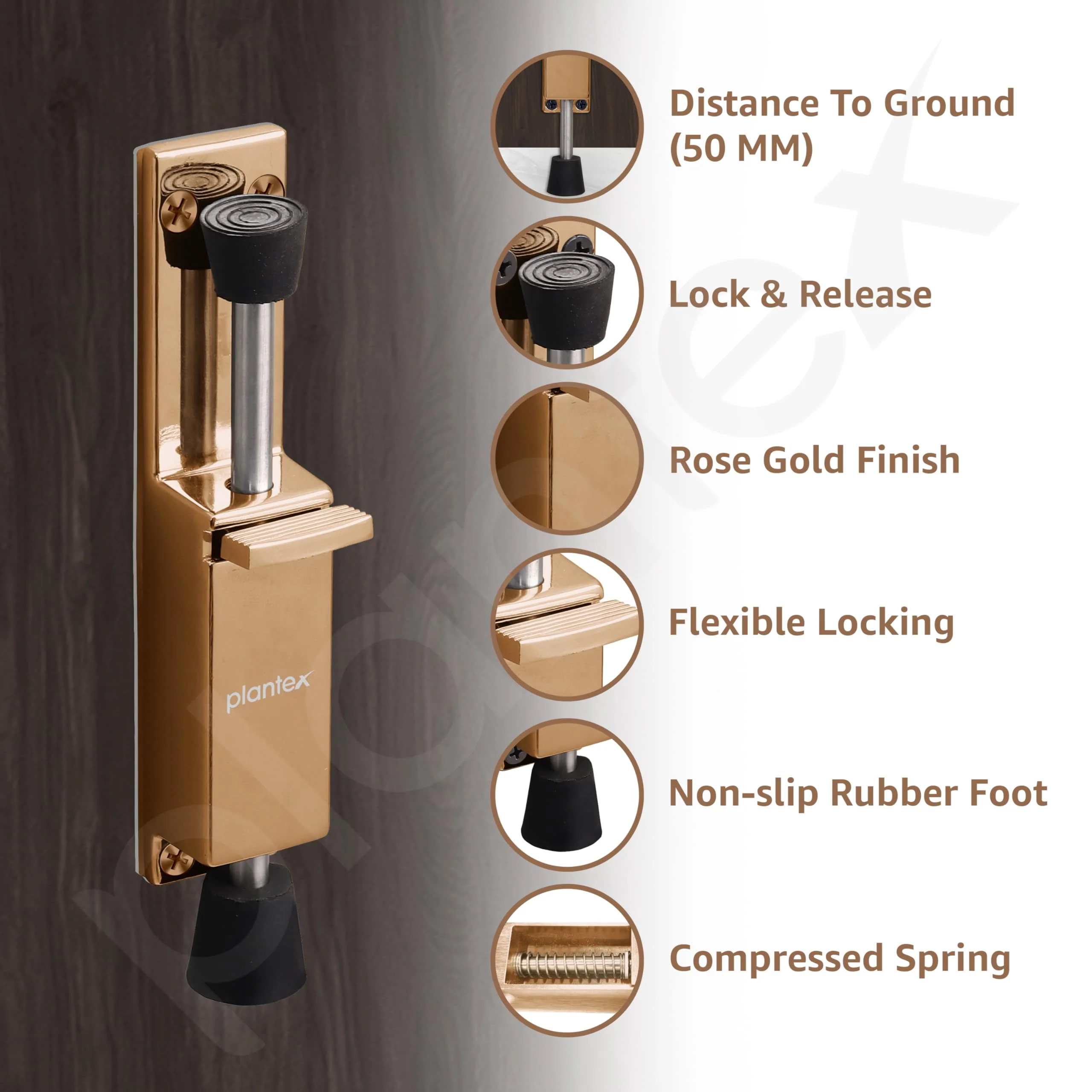 Plantex Kickdown Door Stopper Spring Loaded Telescopic Step On/Off Door Stopper Rubber, Adjustable Heavy Duty Door Locks Holder Stop/Release by Foot - Pack of 1 (Rose Gold) - Image 5