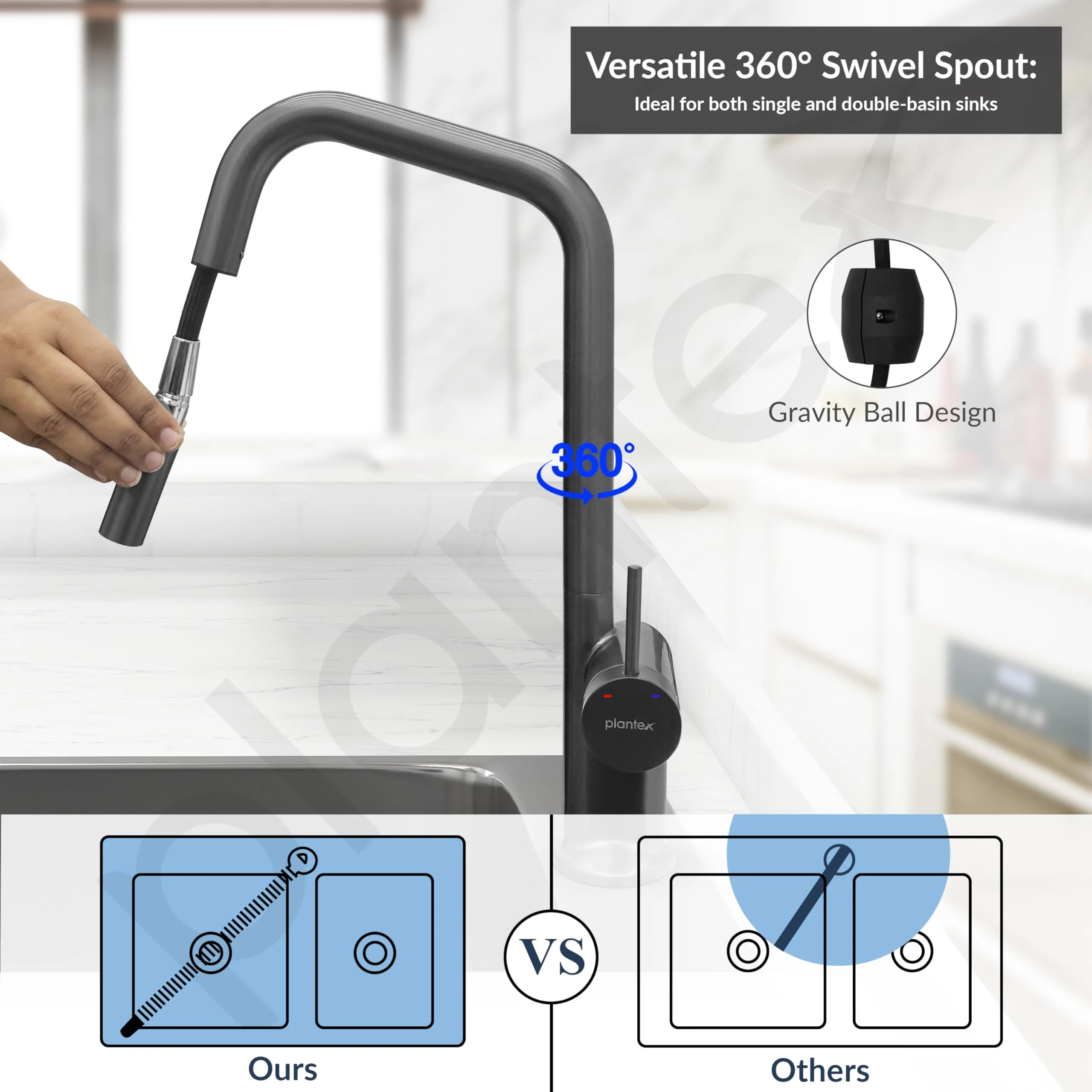 Plantex Kitchen Faucets for Sink and 360° Swivel Spout/Sink Tap for Kitchen Basin/Kitchen Taps for Home Sink - Deck Mounted - (8991-Grey) - Image 5