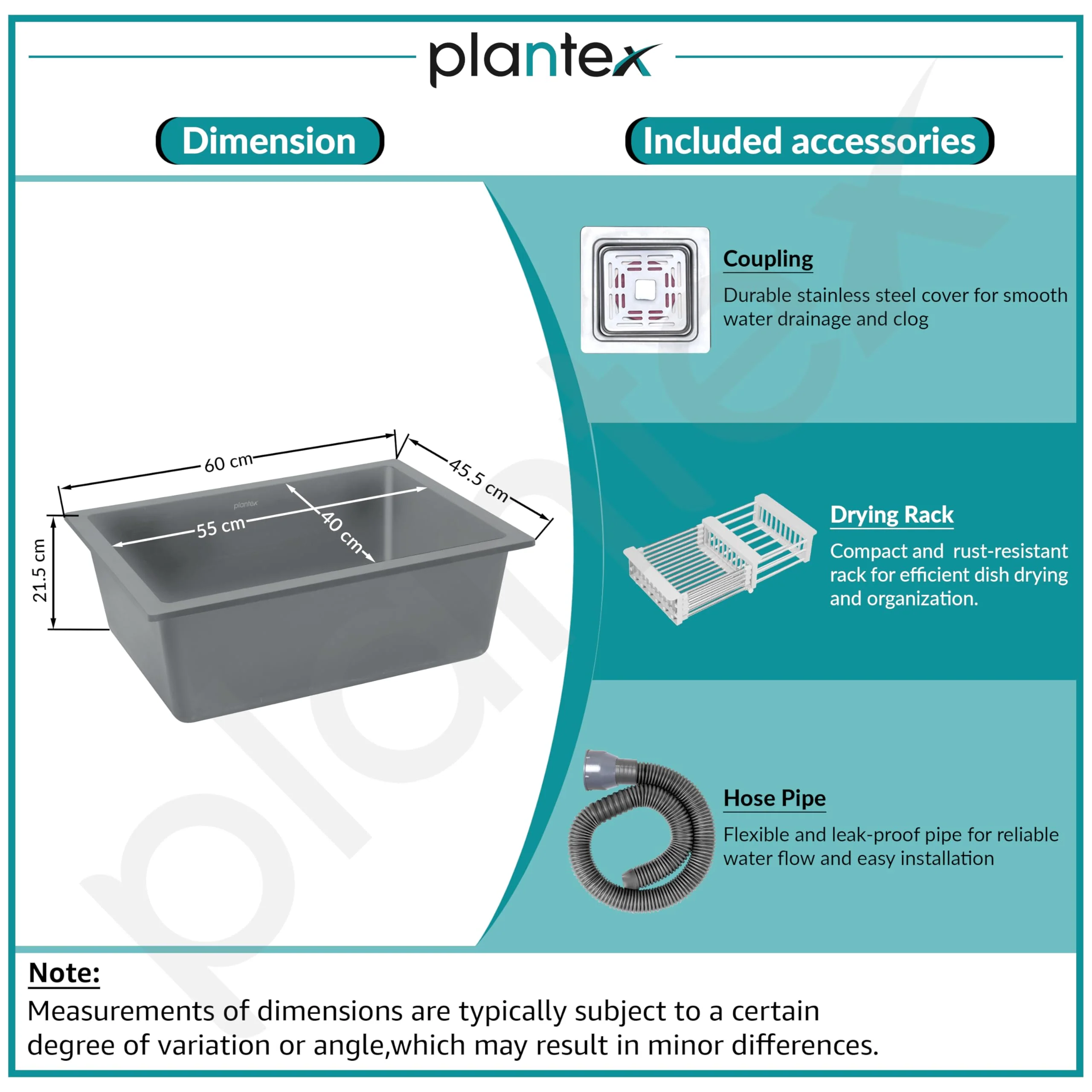Plantex Kitchen Sink/Quartz Single Bowl Kichen Sink with Hose Pipe and Square Coupling/Under Mount Kitchen Sink - (Grey, 24 x 18 inch) - Image 5