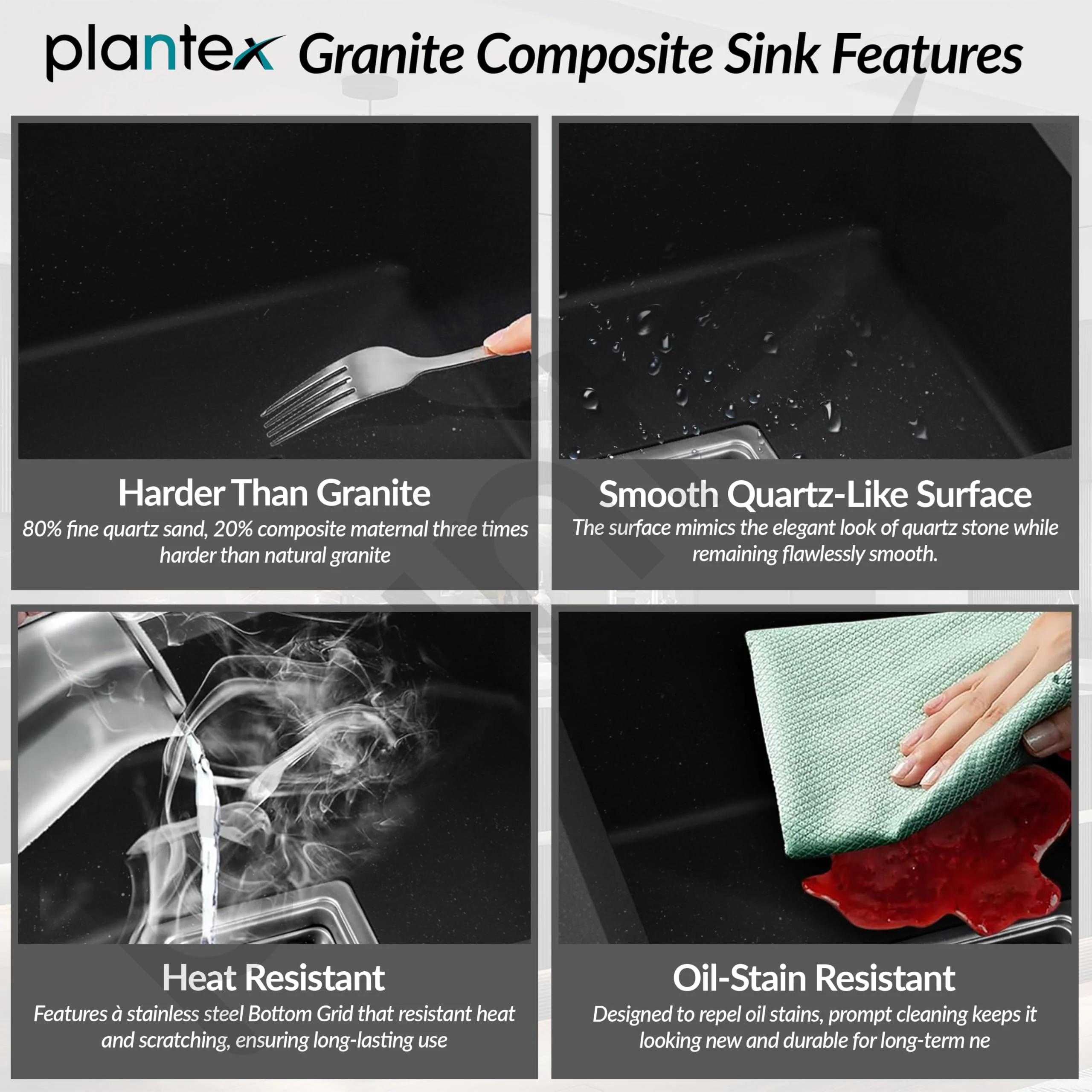 Plantex Kitchen Sink/Quartz Sink for Kitchen/UV Protected Double Bowl with Drain Board, Coupling and Adjustable Drain Rack (Charcoal Black - 45x20inch) - Image 4