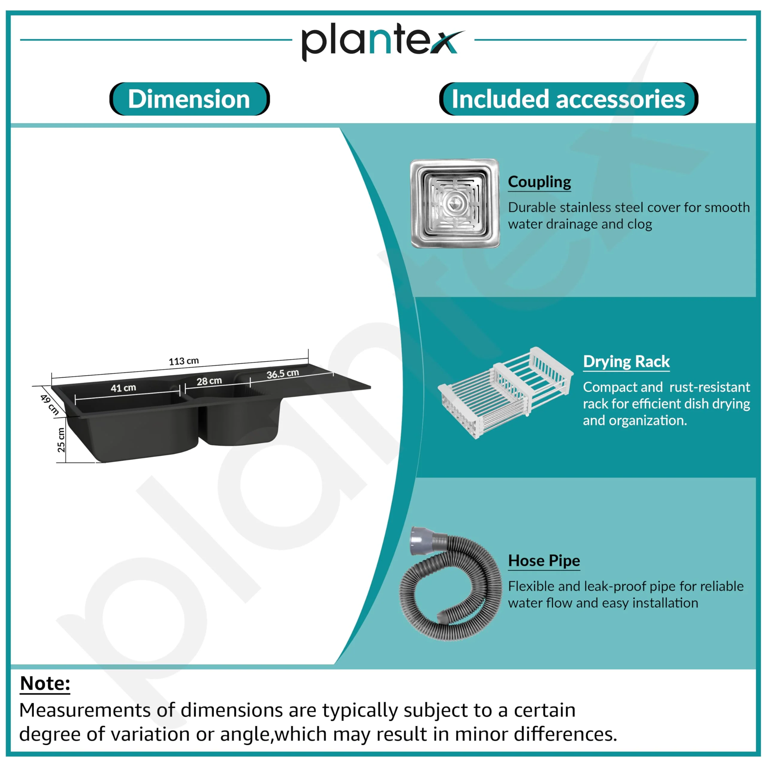 Plantex Kitchen Sink/Quartz Sink for Kitchen/UV Protected Double Bowl with Drain Board, Coupling and Adjustable Drain Rack (Charcoal Black - 45x20inch) - Image 5