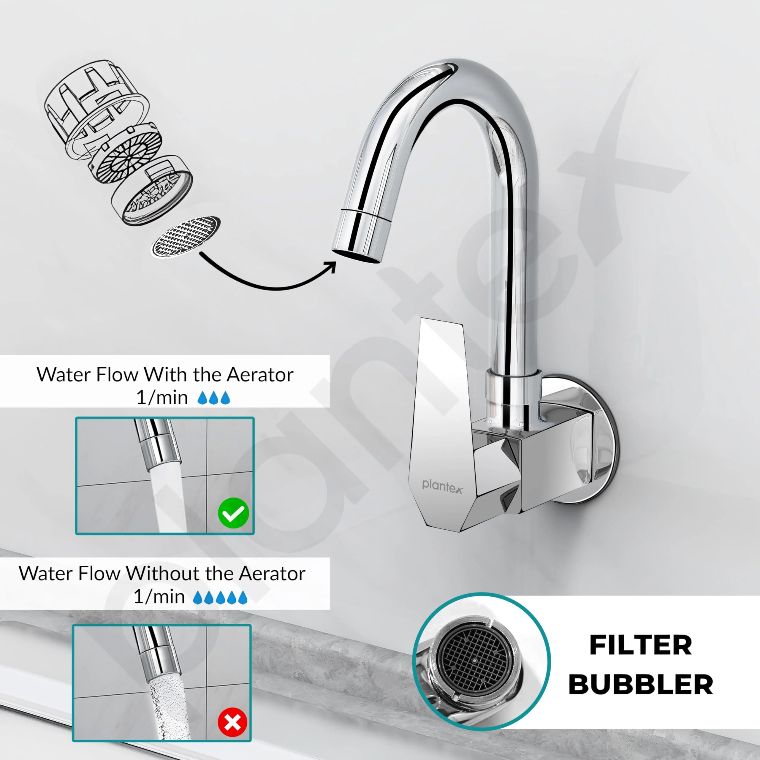 Plantex Kitchen Sink Tap with Water Saving Nozzel/Wall Mount Sink Tap for Kitchen Basin with 360° Swivel Spout (Celesiya-1247) - Image 6