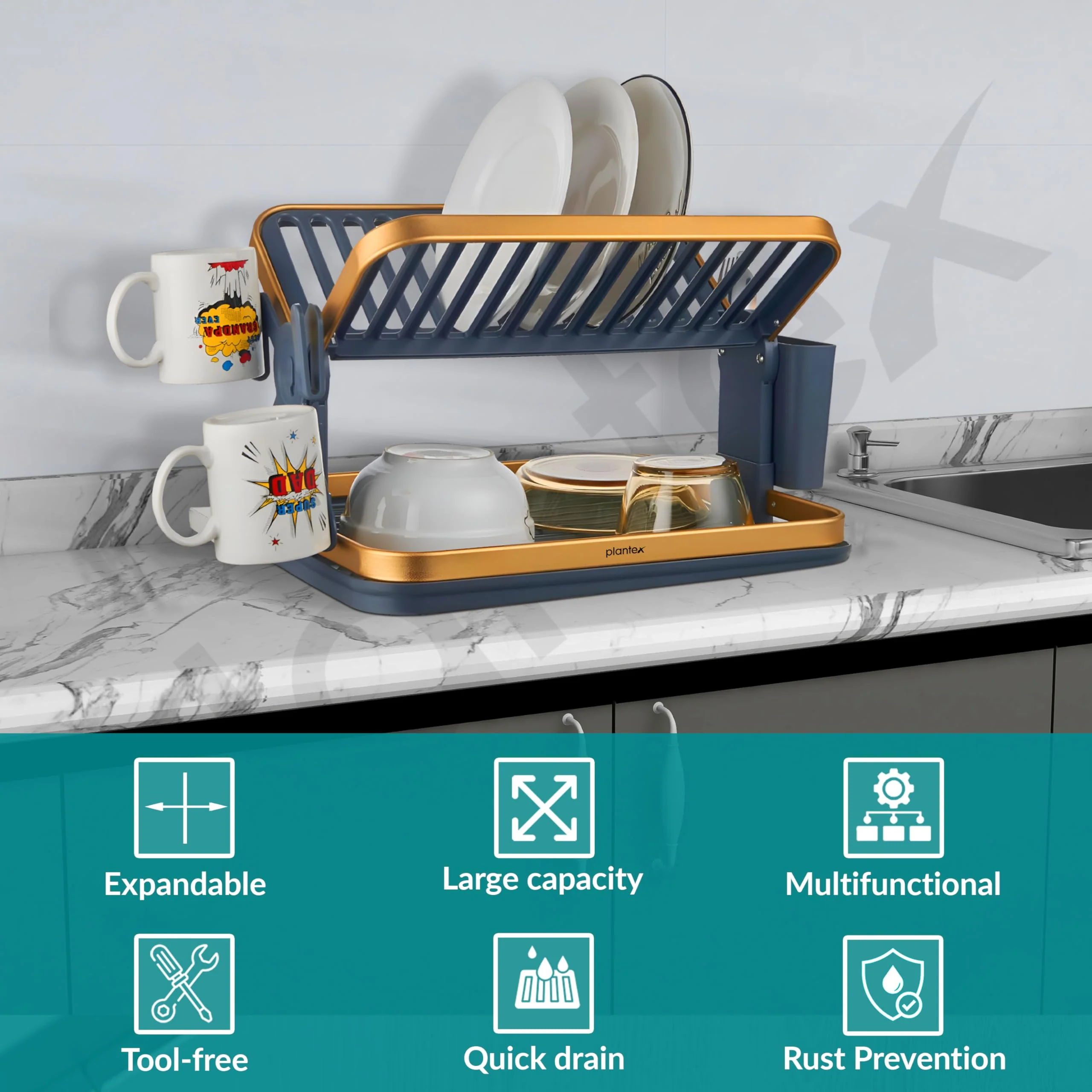 Plantex Kitchen Storage Rack/Aluminium Fold Flat Dish Drying Rack/2-Tier with Drainboard/Kitchen Organiser Rack - (Gold & Grey) - Image 2