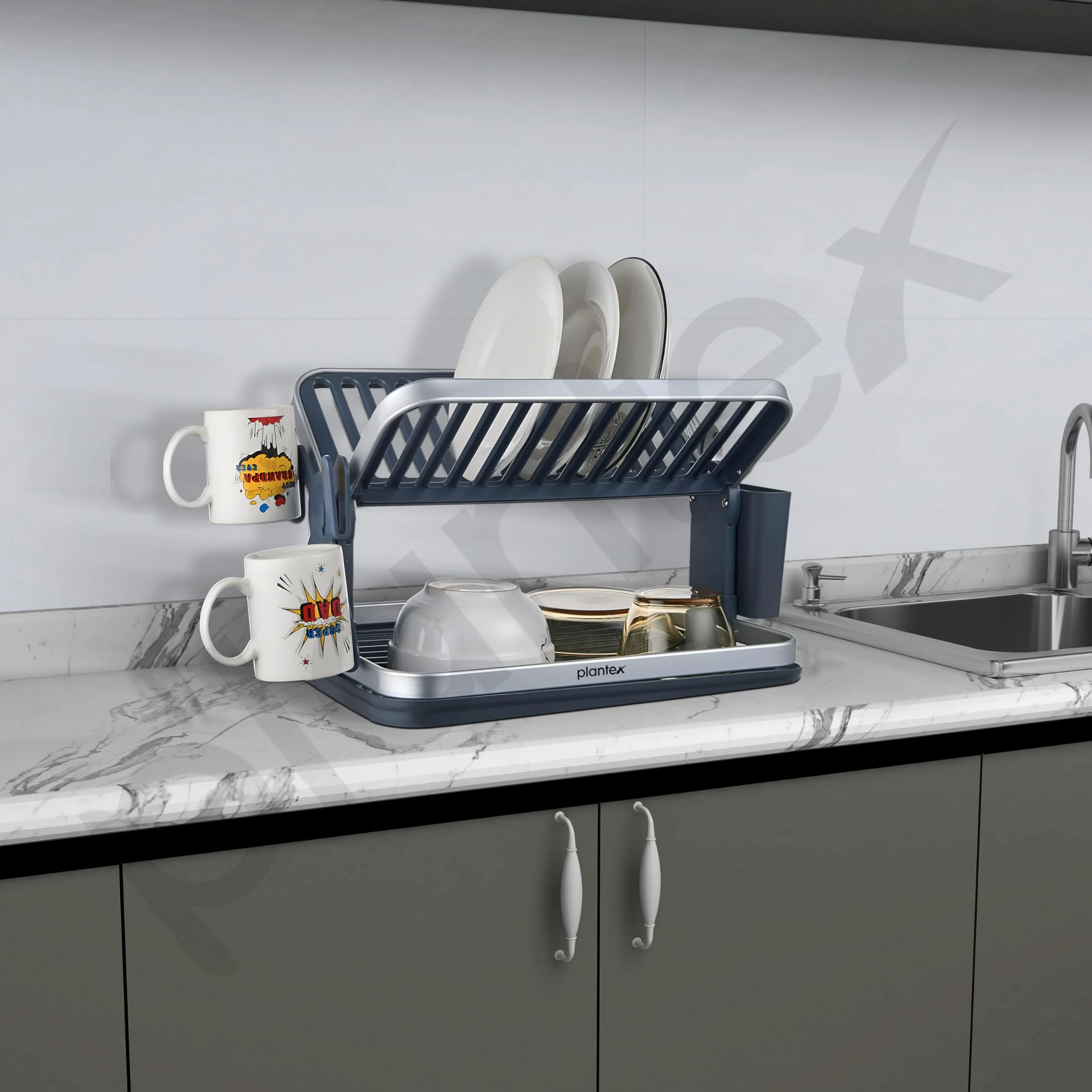 Plantex Kitchen Storage Rack/Aluminium Fold Flat Dish Drying Rack/2-Tier with Drainboard/Kitchen Organiser Rack - (Silver & Grey) - Image 6