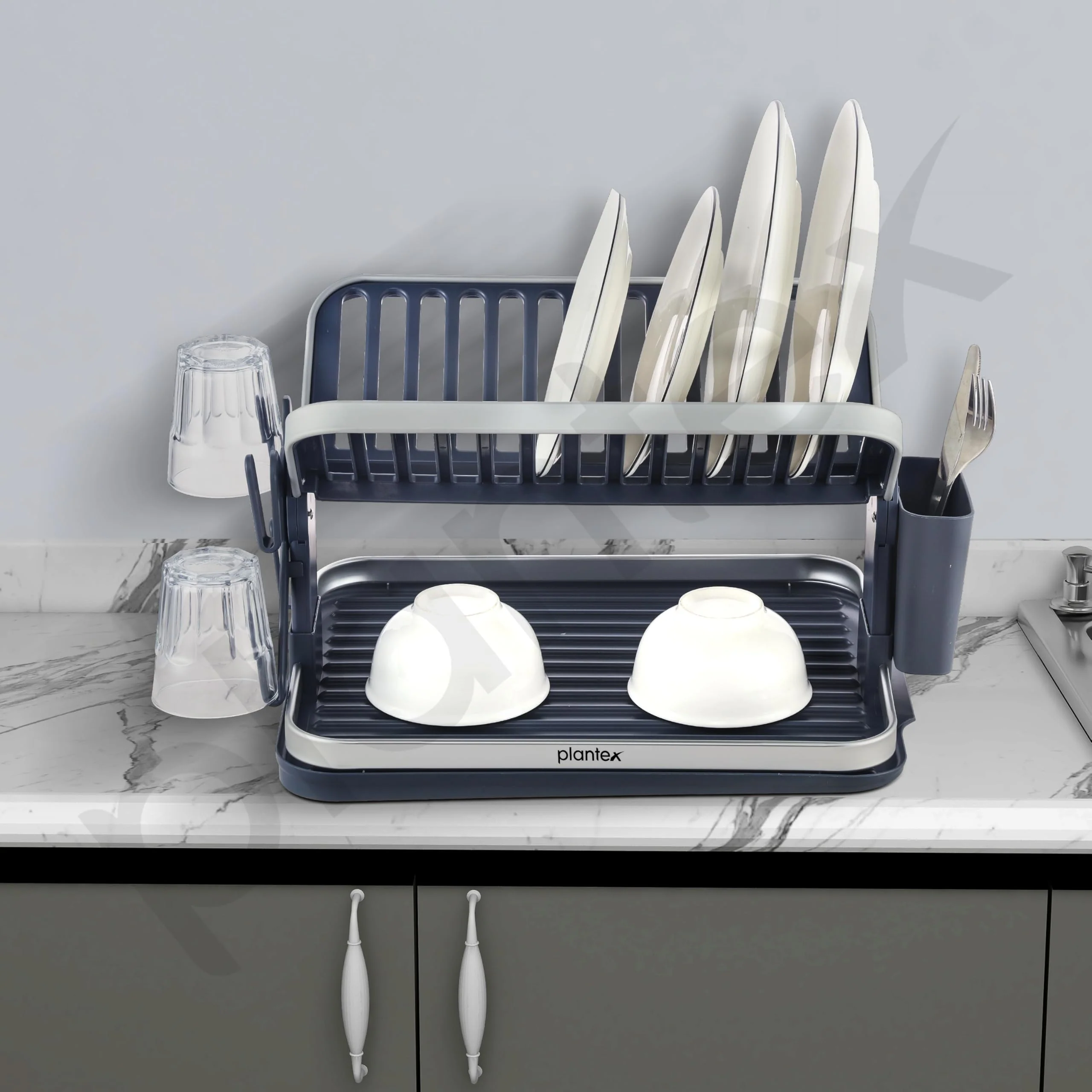 Plantex Kitchen Storage Rack/Aluminium Fold Flat Dish Drying Rack/2-Tier with Drainboard/Kitchen Organiser Rack - (Silver & Grey) - Image 7