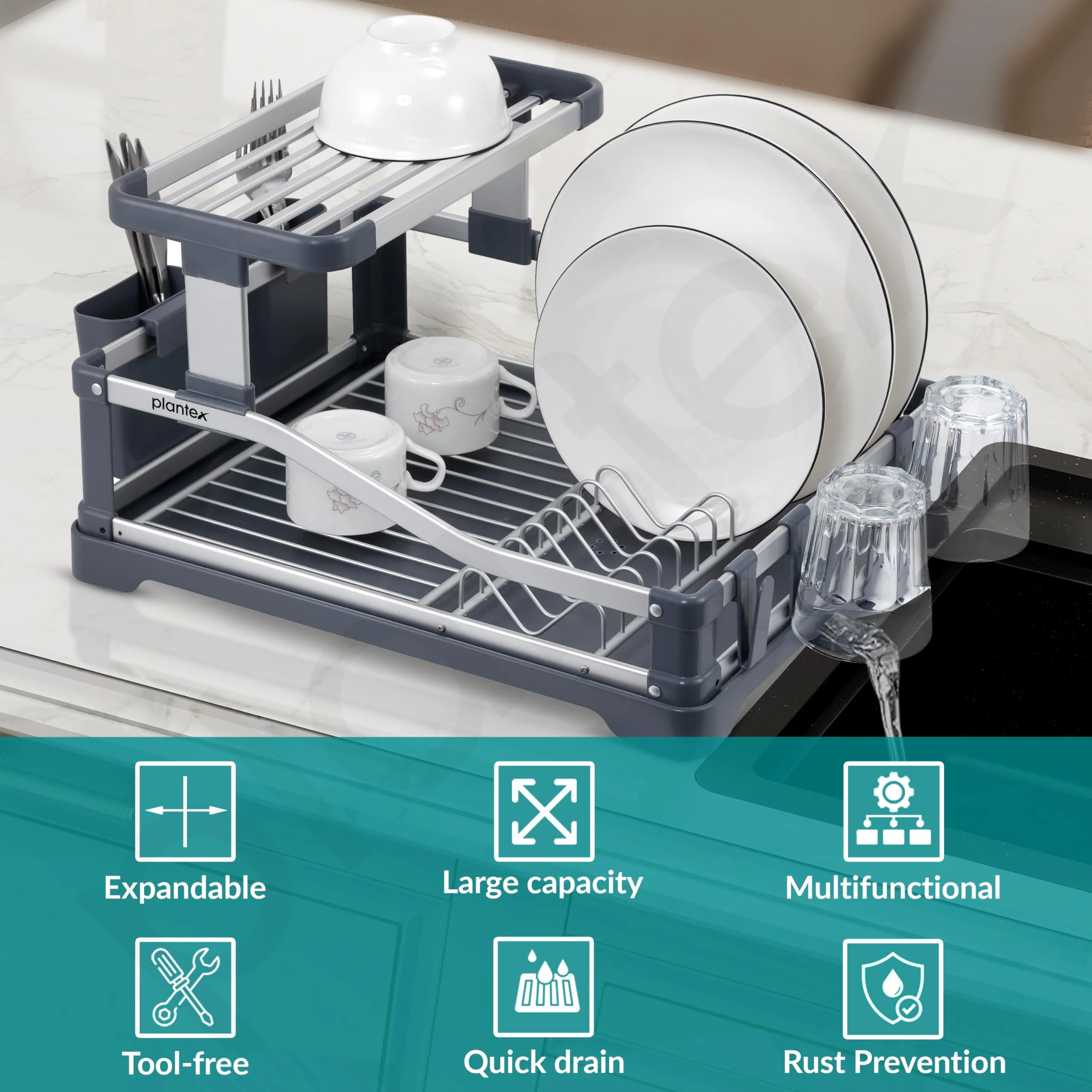 Plantex Kitchen Storage Rack/Aluminium Fold Flat Dish Drying Rack/2-Tier with Drainboard/Kitchen Organiser Rack - (Silver & Grey) - Image 2
