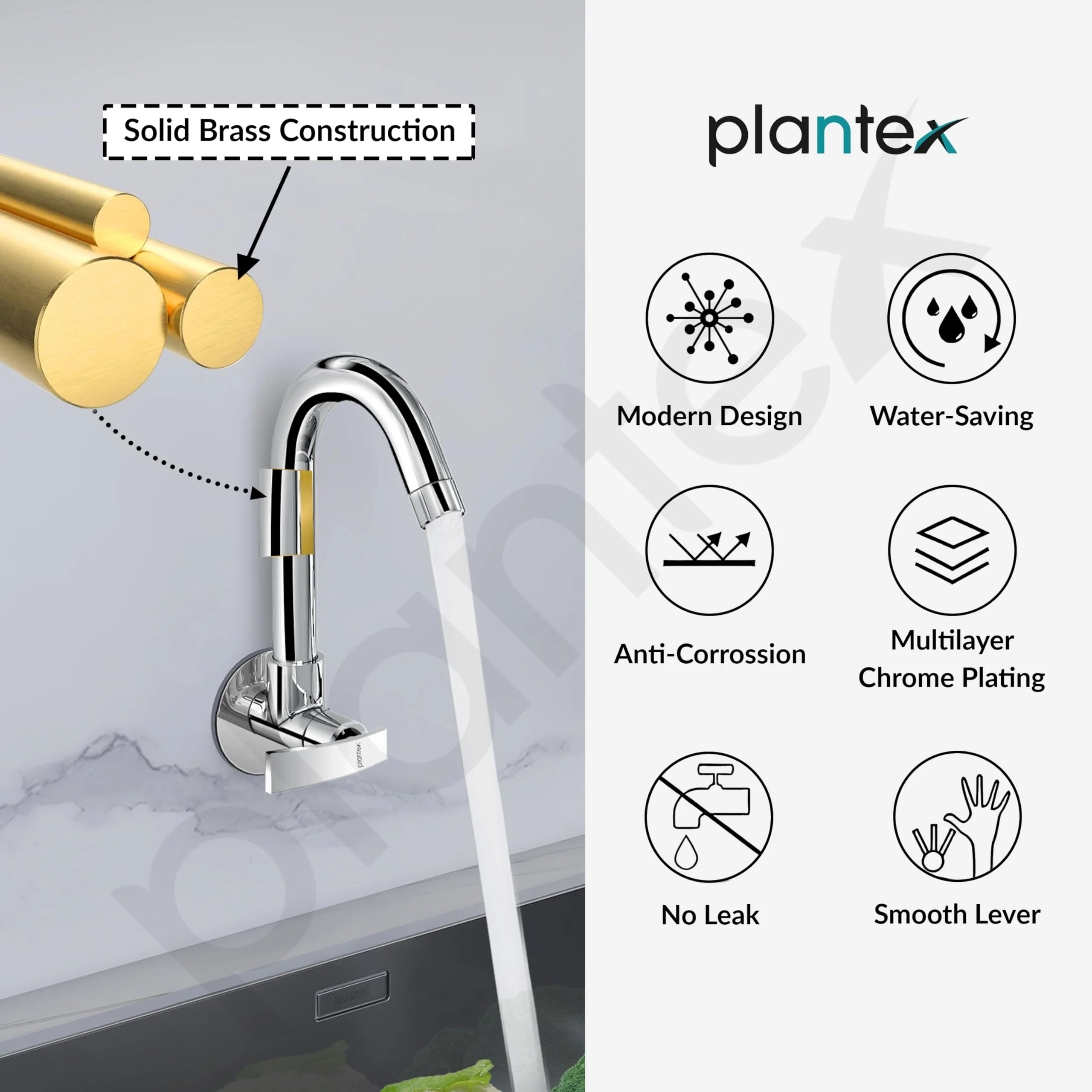 Plantex Kitchen Taps for Home Sink with Water Saving Aerator for Kitchen Tap/360° Swivel Spout Kitchen Sink Tap with Brass Wall Flange -(ZUR-1507-Chrome) - Image 6
