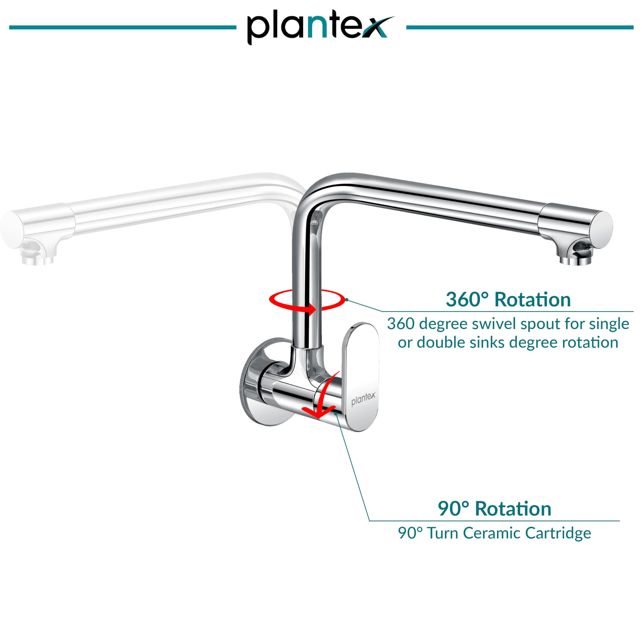 Plantex Brass Kitchen Taps for Home Sink/Kitchen Sink Tap with Water Saving Nozzle/360° Swivel Spout for Kitchen Faucet with Brass Wall Flange -(OCE-1309-Chrome) - Image 7