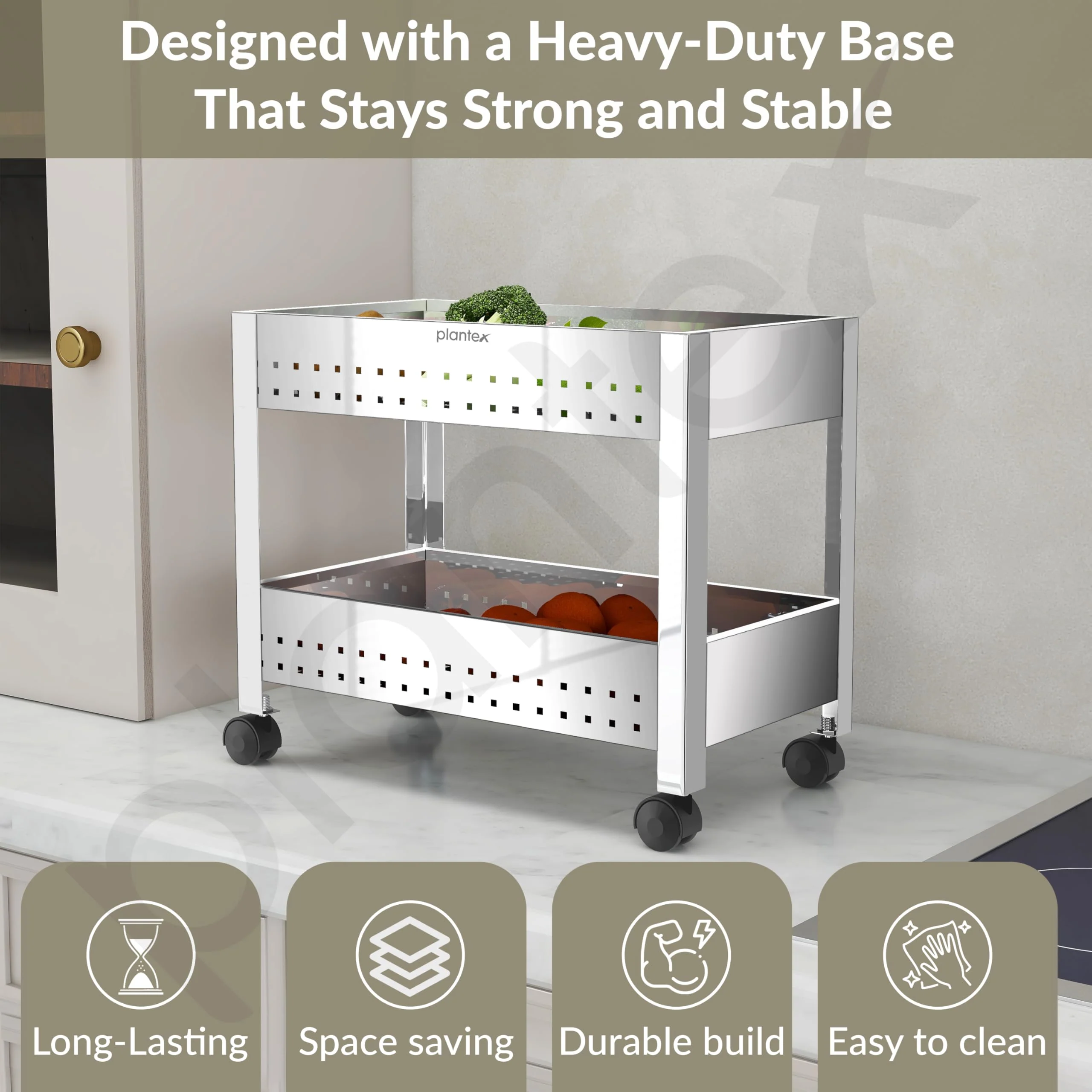 Plantex Kitchen Trolley/Vegetables Basket for Kitchen/Fruit Stand for Kitchen/Stainless Steel Vegetable Stand/Vegetable Rack for Kitchen/Trolley Stand (Silver) - Image 3