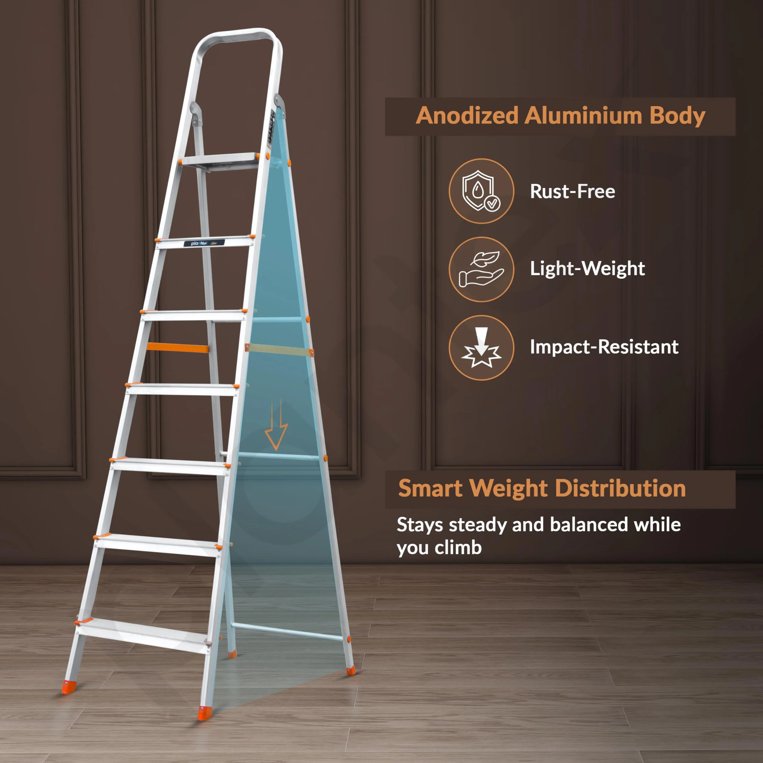Plantex Legend Aluminium Folding 7 Step Ladder for Home - 7 Step Anti Skid Ladder/Wide Step Ladder (Orange-Silver) - Image 4