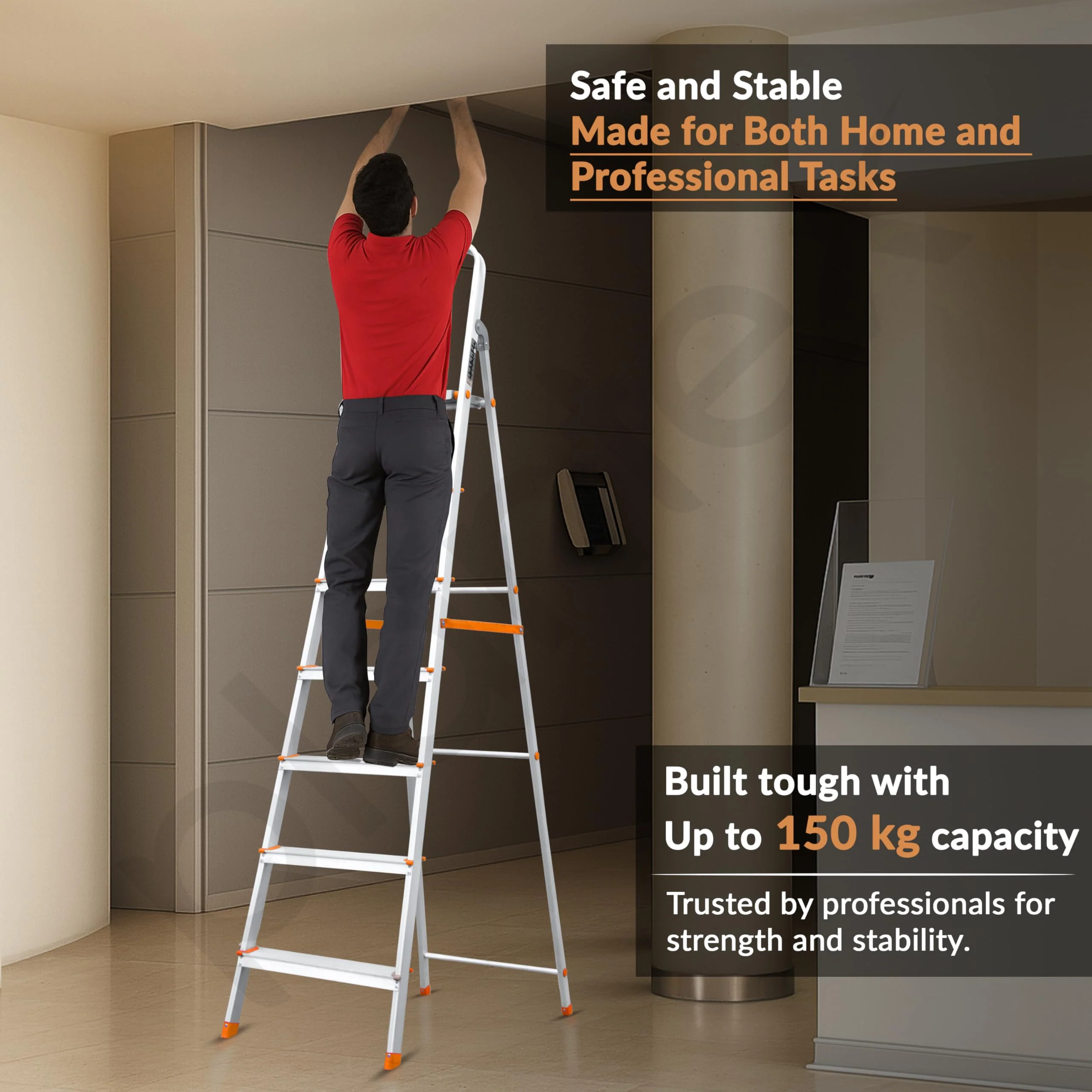 Plantex Legend Aluminium Folding 7 Step Ladder for Home - 7 Step Anti Skid Ladder/Wide Step Ladder (Orange-Silver) - Image 6