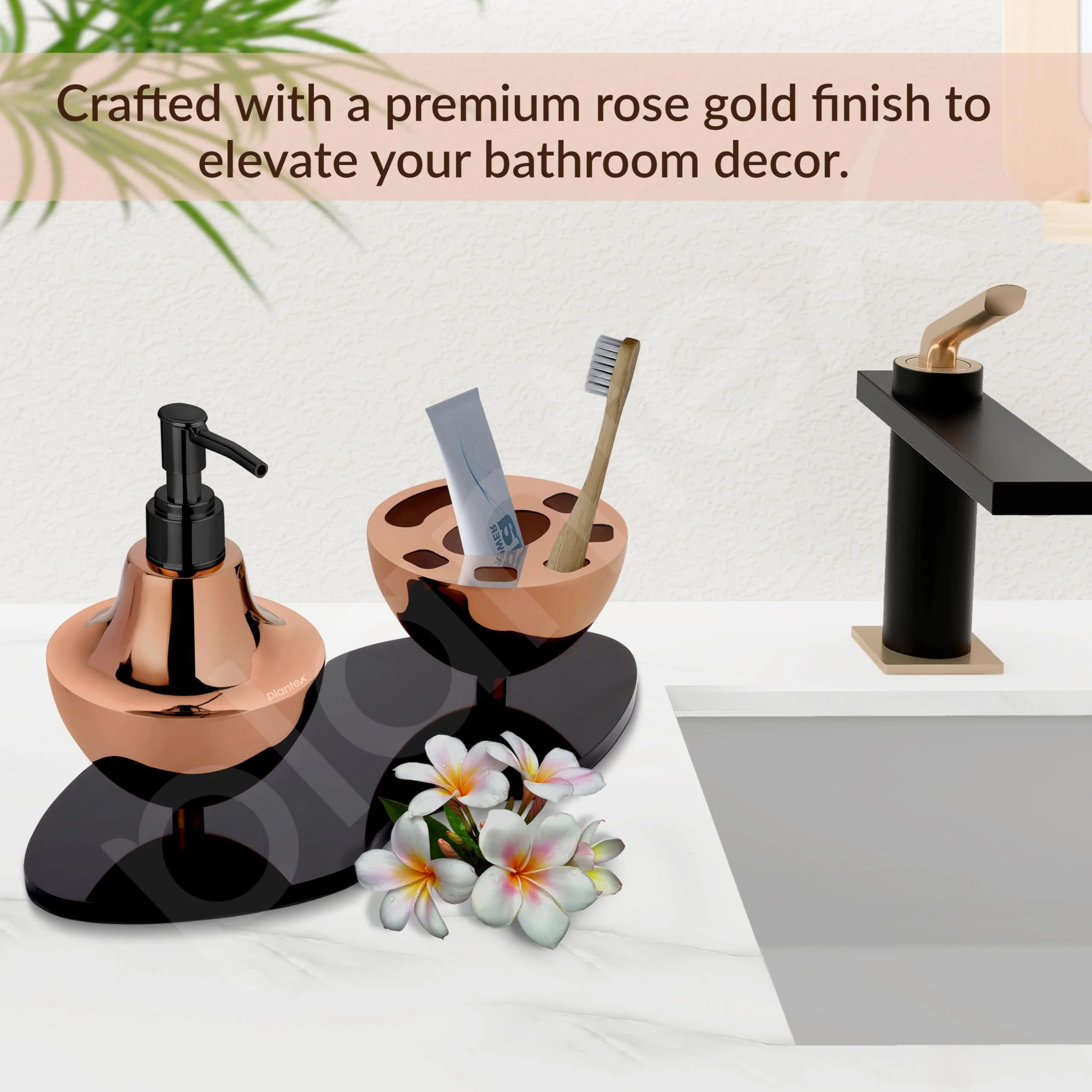 Plantex Liquid Soap Dispenser with Tumbler Holder for Bathroom/Stainless Steel and Acrylic 2 in 1 Shampoo Dispenser with Toothpaste Holder/Bathroom Accessories - Pack of 1 (Rose Gold & Black) - Image 5