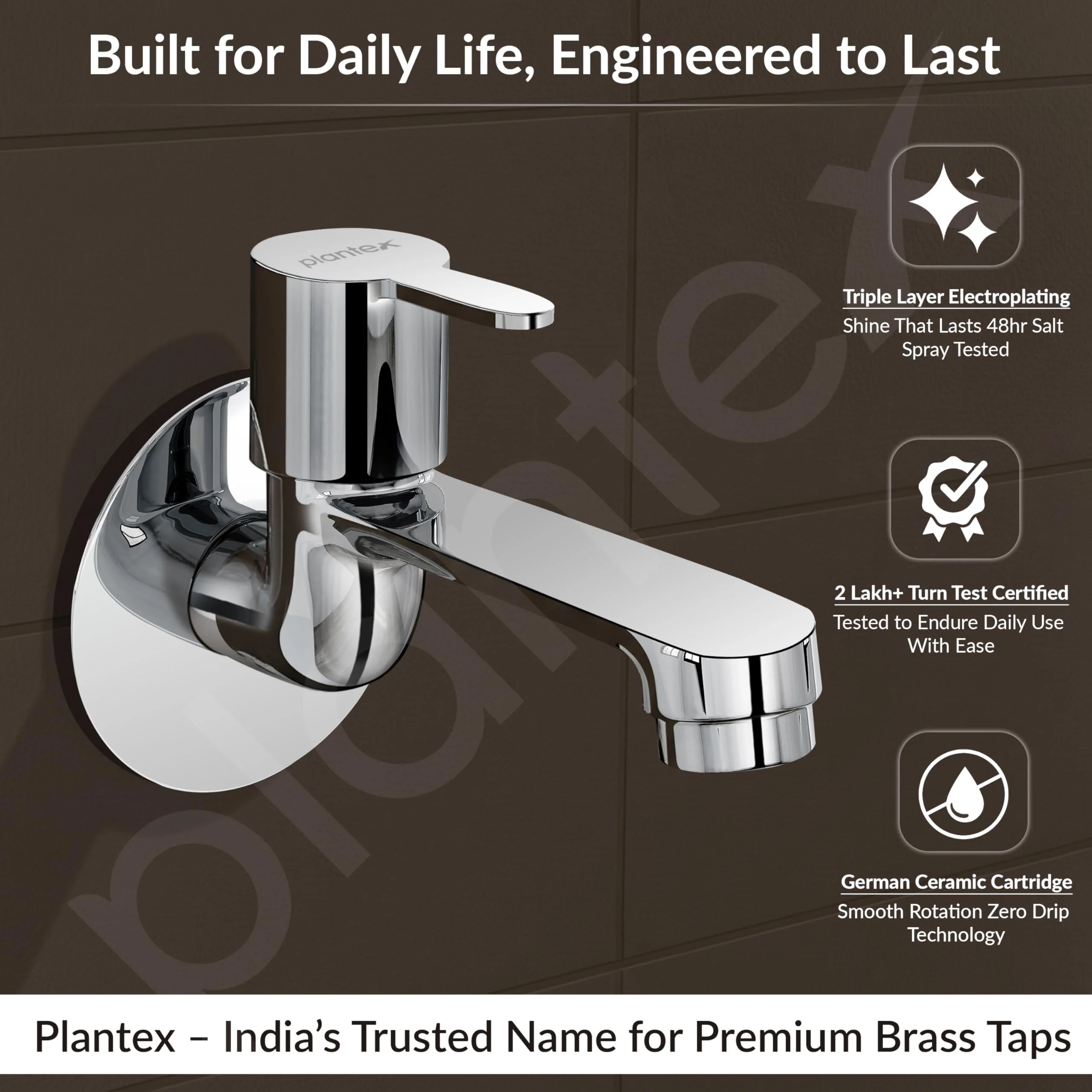 Plantex Long Body Bib Cock for Bathroom with Water Saving Aerator/Wall Mount Bib Tap with Wall Flange and Teflon Tape for Bathroom-7 Year Warranty (FLO-802-Chrome) - Image 3