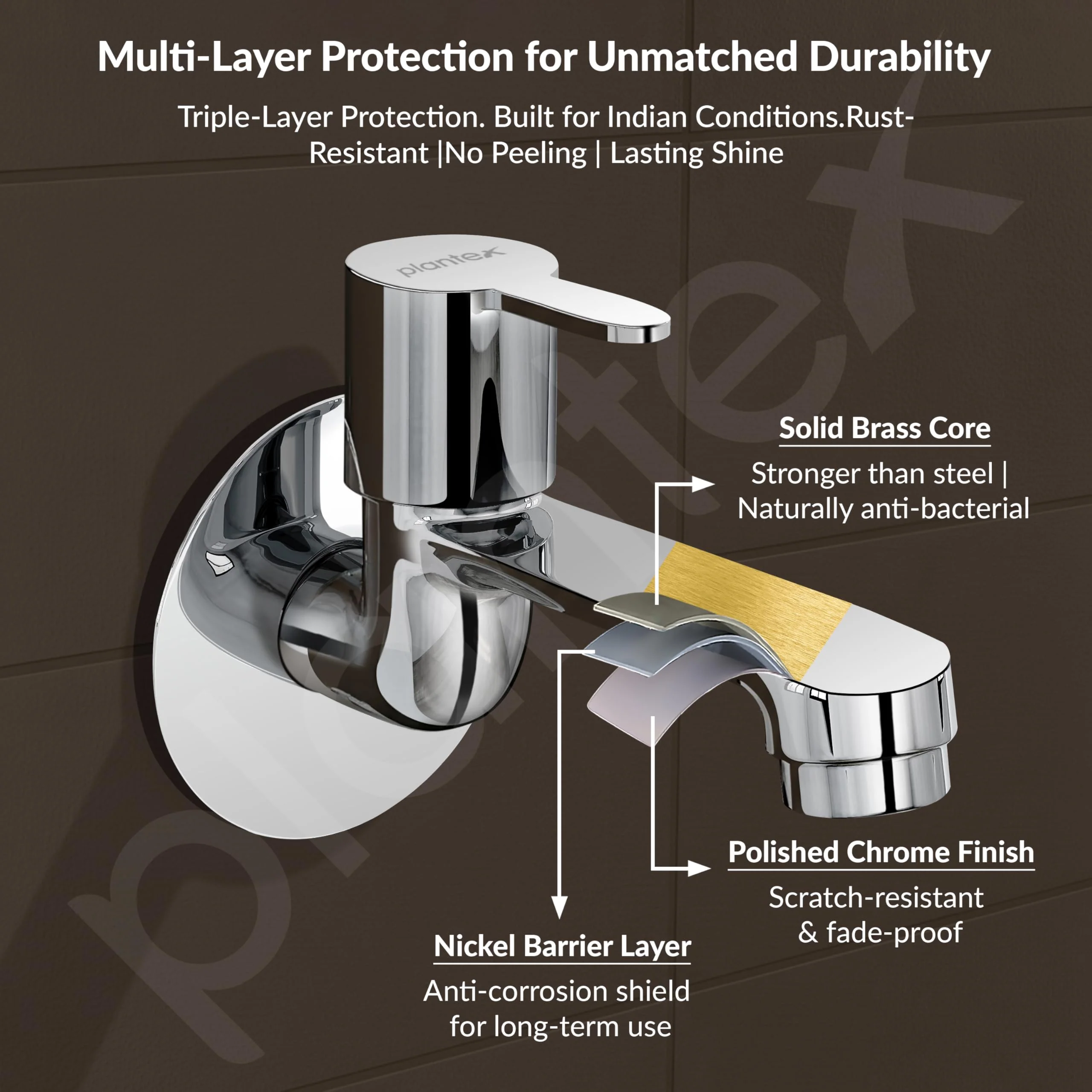 Plantex Long Body Bib Cock for Bathroom with Water Saving Aerator/Wall Mount Bib Tap with Wall Flange and Teflon Tape for Bathroom-7 Year Warranty (FLO-802-Chrome) - Image 5