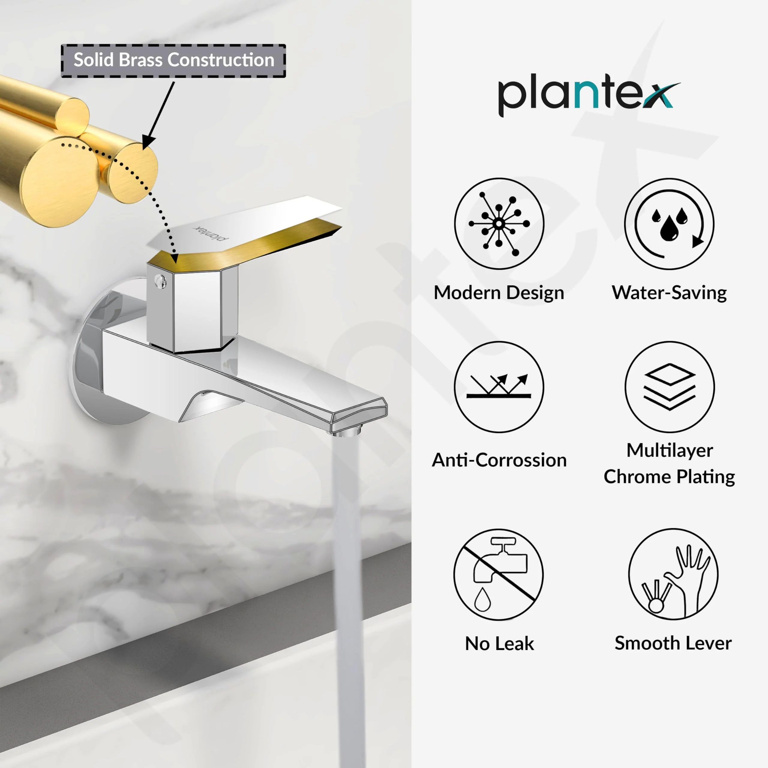Plantex Long Body Bib Tap for Bathroom with Water Saving Aerator/Taps for Bathroom/Wall Mount Wash Basin Tap with Teflon Tape and Wall Flange (Celesiya-1242-Chrome) - Image 6