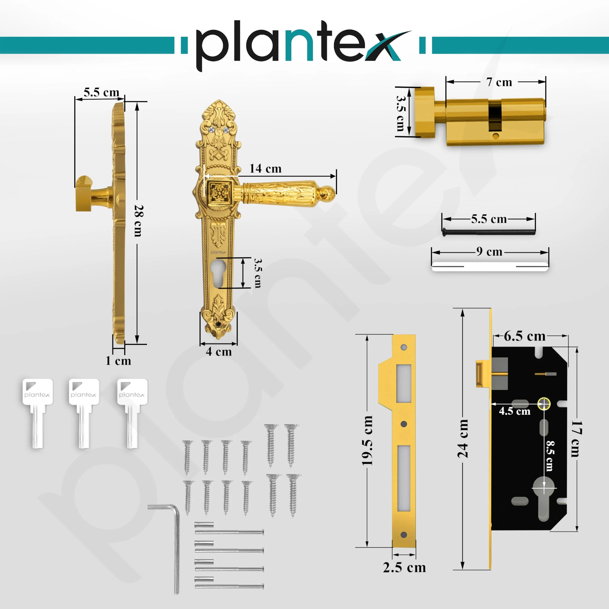 Plantex Main Door Lock Handle Set/6-Lever Lock Mechanism with 3 Years of Warranty/Mortise Door Lock with 3 Keys, Brass Lockbody & Cylinder(657- Gold) - Image 3