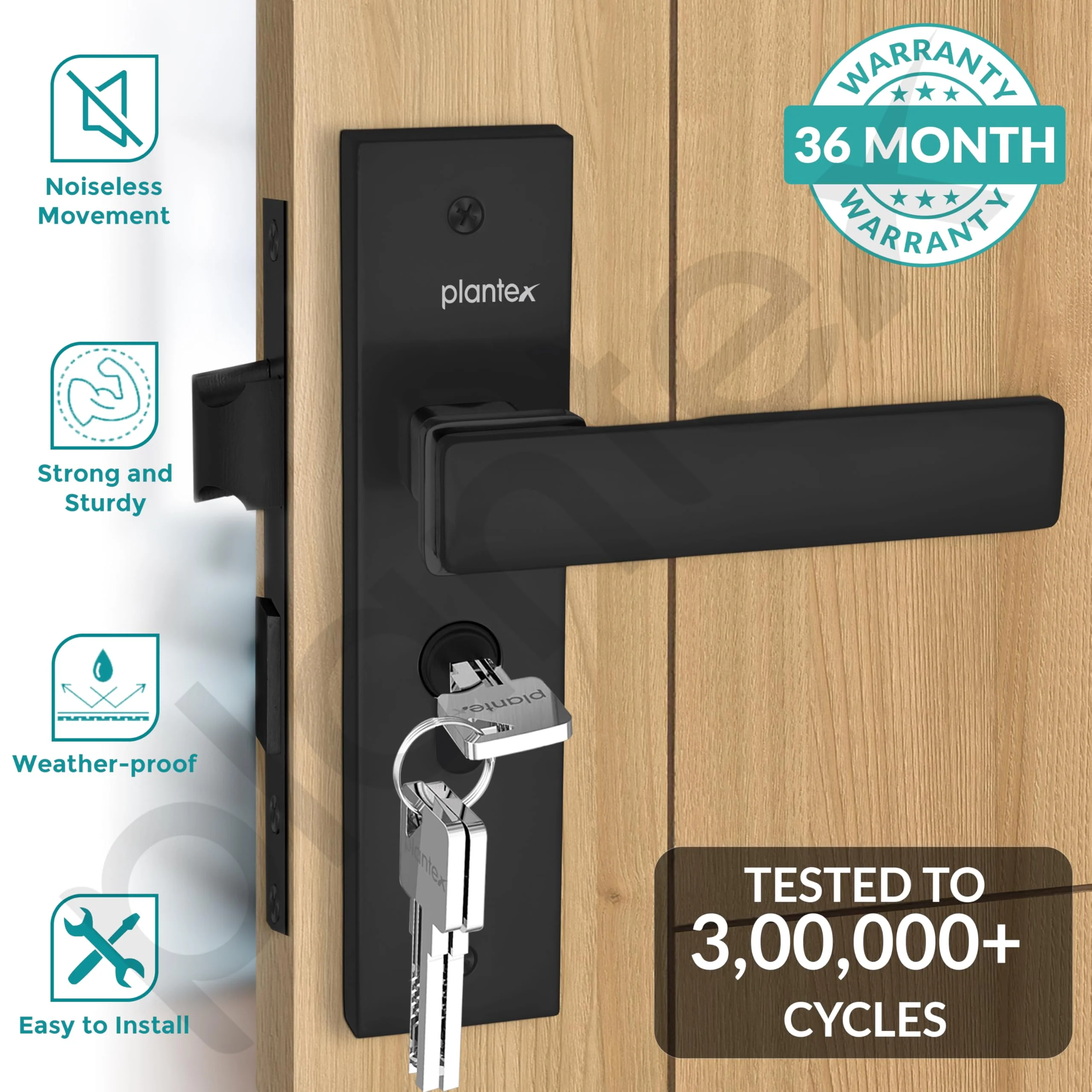 Plantex Main Door Lock/Mortise Lock for Door/6-Lever Lock Mechanism with 3 Years of Warranty - Robust Door Lock for Home with Brass Lock Body & Cylinder(8116 - DC-Black & Z-Black) - Image 2