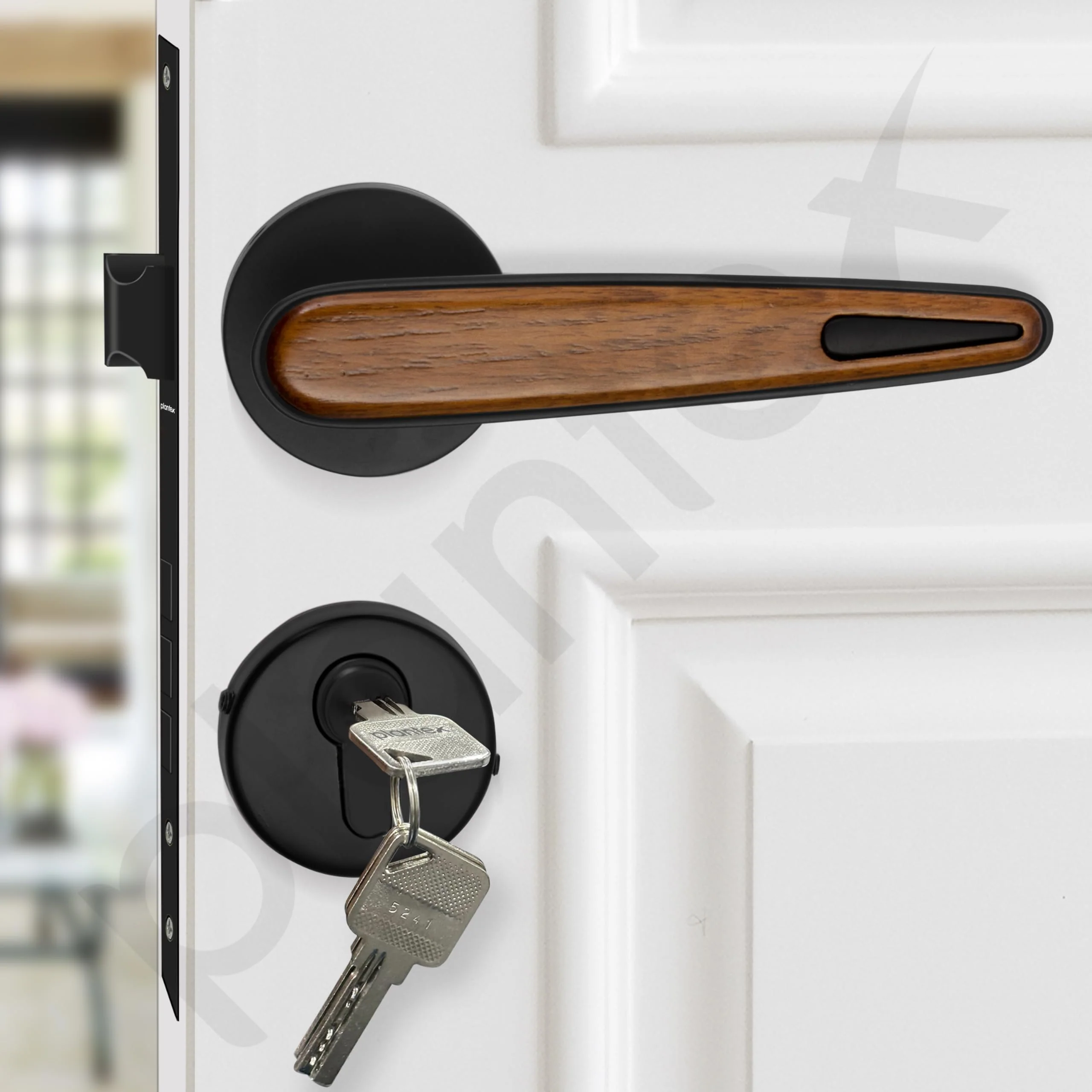 Plantex Main Door Lock/Mortise Lock for Door with 3 Years of Warranty - Robust Door Lock for Home with Brass Lock Body & Cylinder(034-Black & Wood Finish) - Image 2