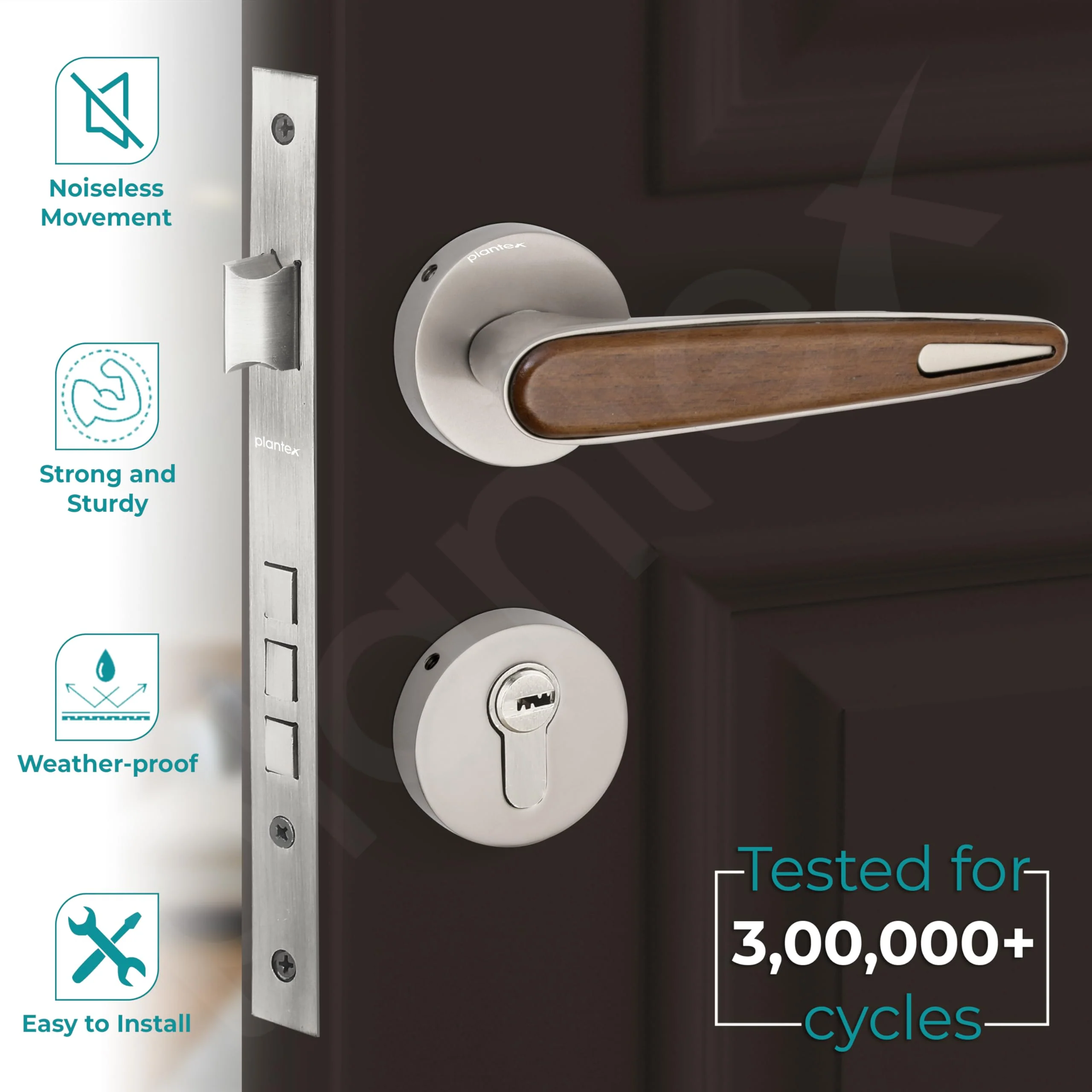 Plantex Main Door Lock/Mortise Lock for Door with 3 Years of Warranty - Robust Door Lock for Home with Brass Lock Body & Cylinder(034-Satin & Wood Finish) - Image 2