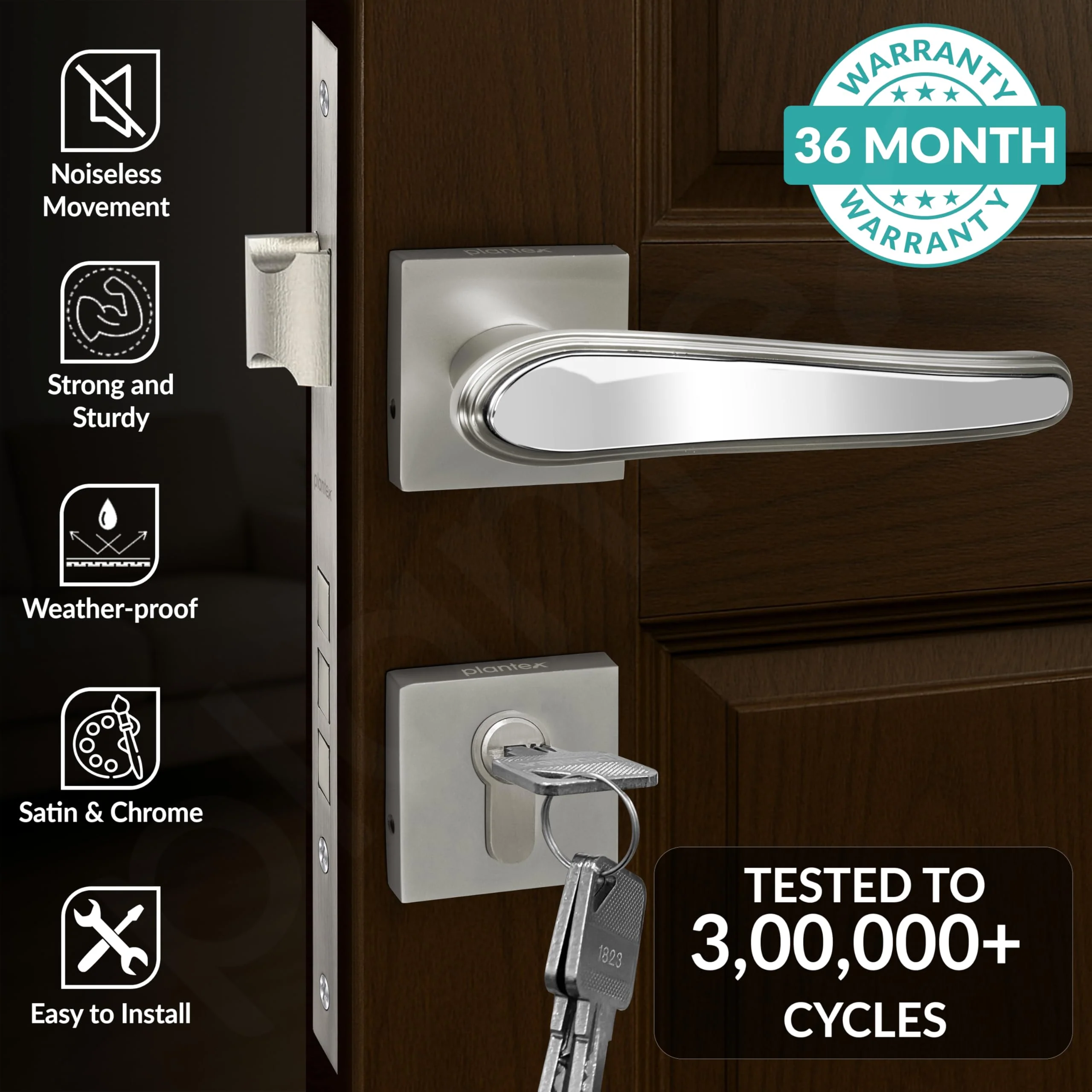 Plantex Main Door Lock/Mortise Lock for Doors - Robust Door Handle for Home with Brass Locks Body & Cylinder (PT-014, Satin & Chrome) - Image 2