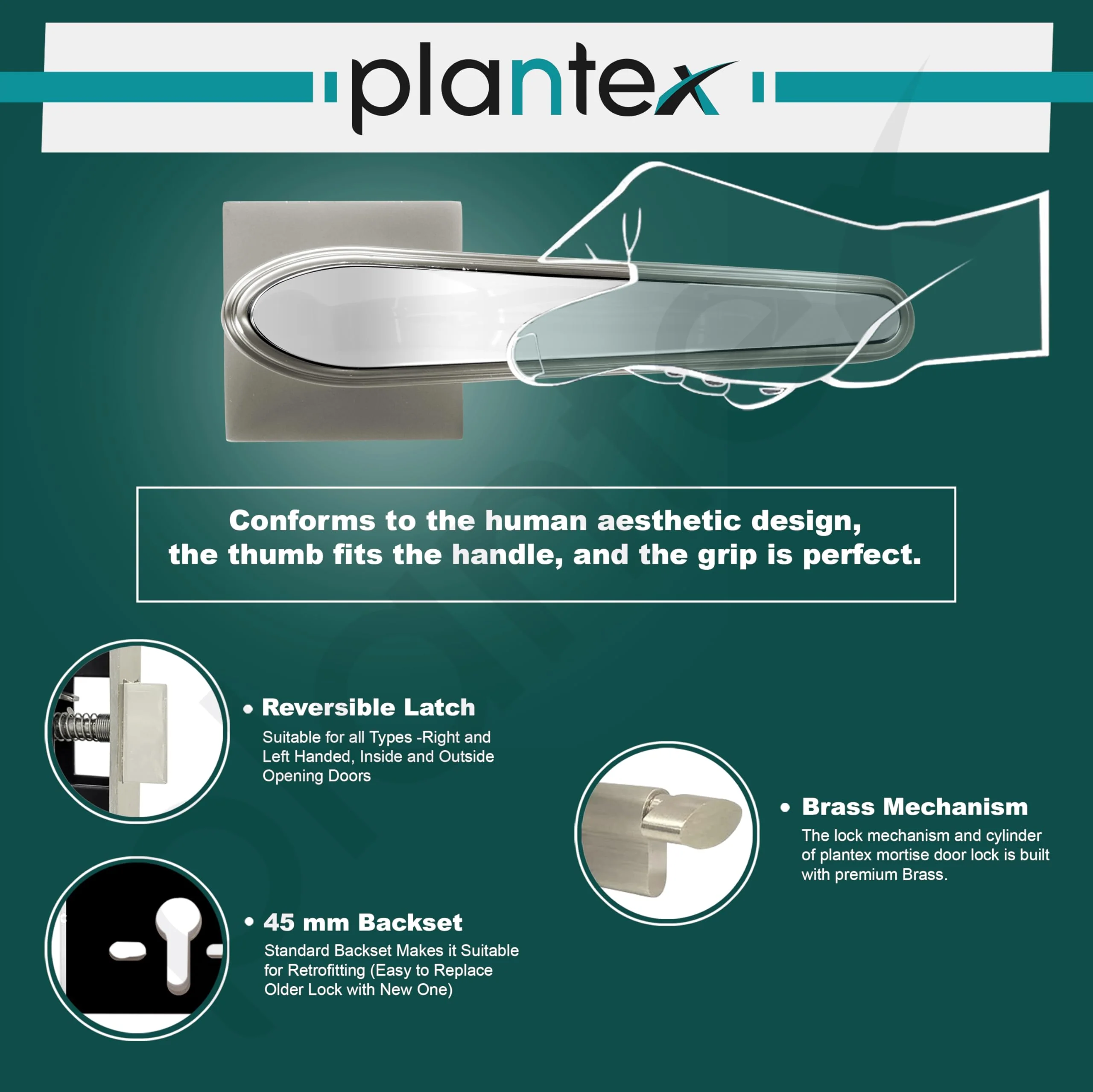 Plantex Main Door Lock/Mortise Lock for Doors - Robust Door Handle for Home with Brass Locks Body & Cylinder (PT-014, Satin & Chrome) - Image 6