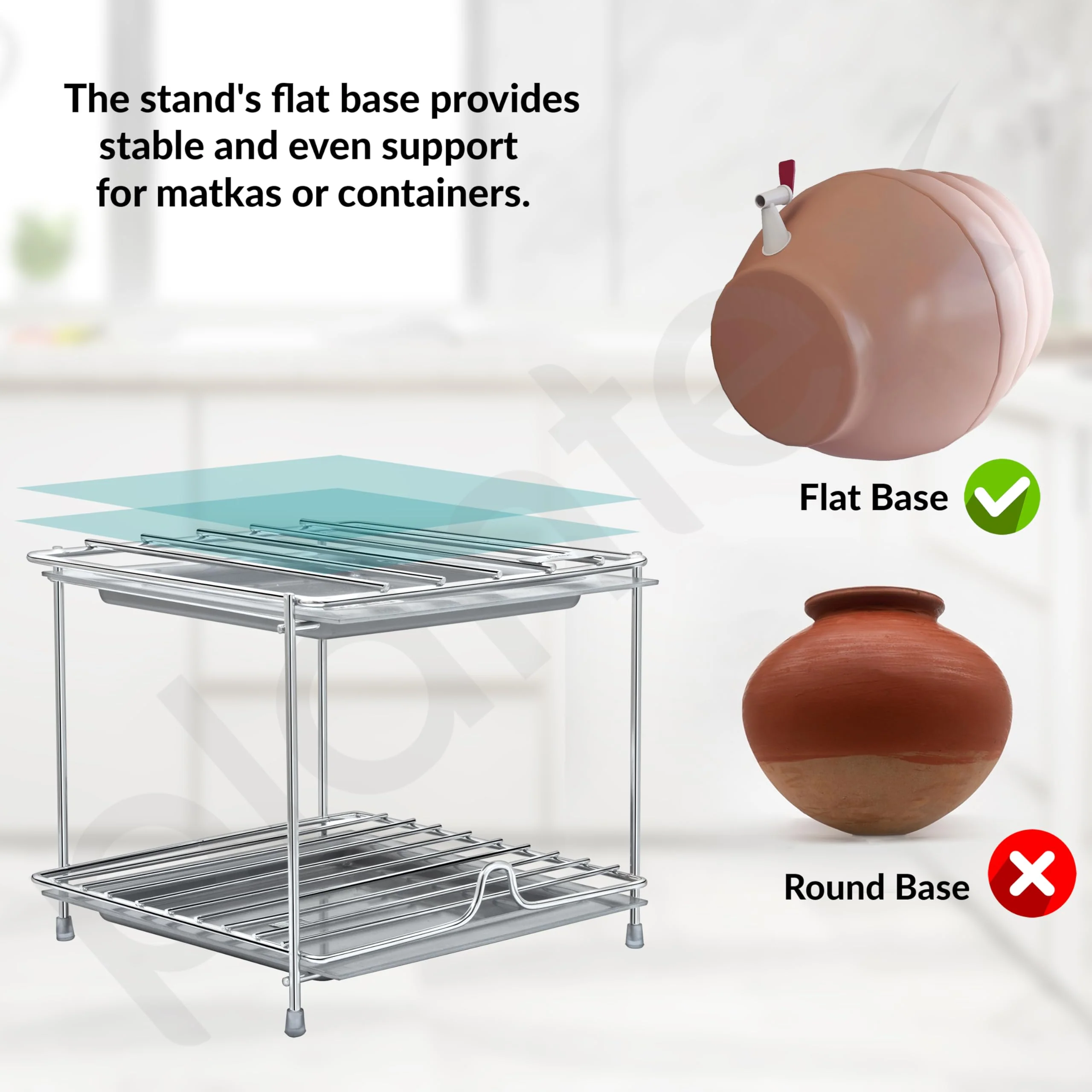 Plantex Matka Stand/Stainless Steel 2-Tier Matka Stand for Kitchen/Square Water Pot with Tray - 8 X 7.5 inch (Chrome) - Image 4