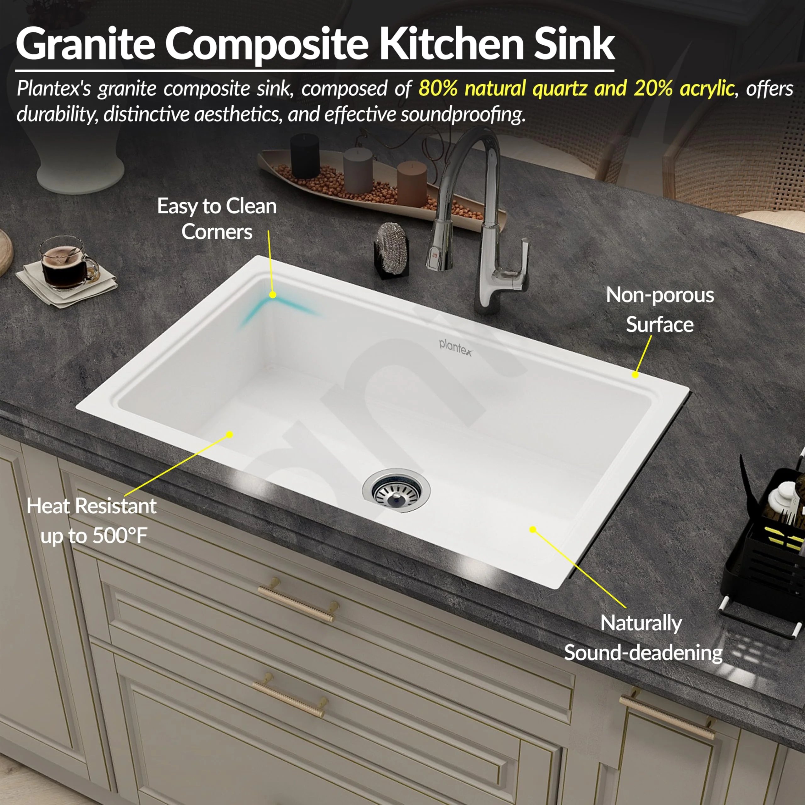 Plantex Matt German Technology Acrylic Resin Quartz Kitchen Sink/10 Years Guarantee/Granite Single Bowl Sink For Kitchen With Coupling (Whiti 32X20 Inches) - Image 5