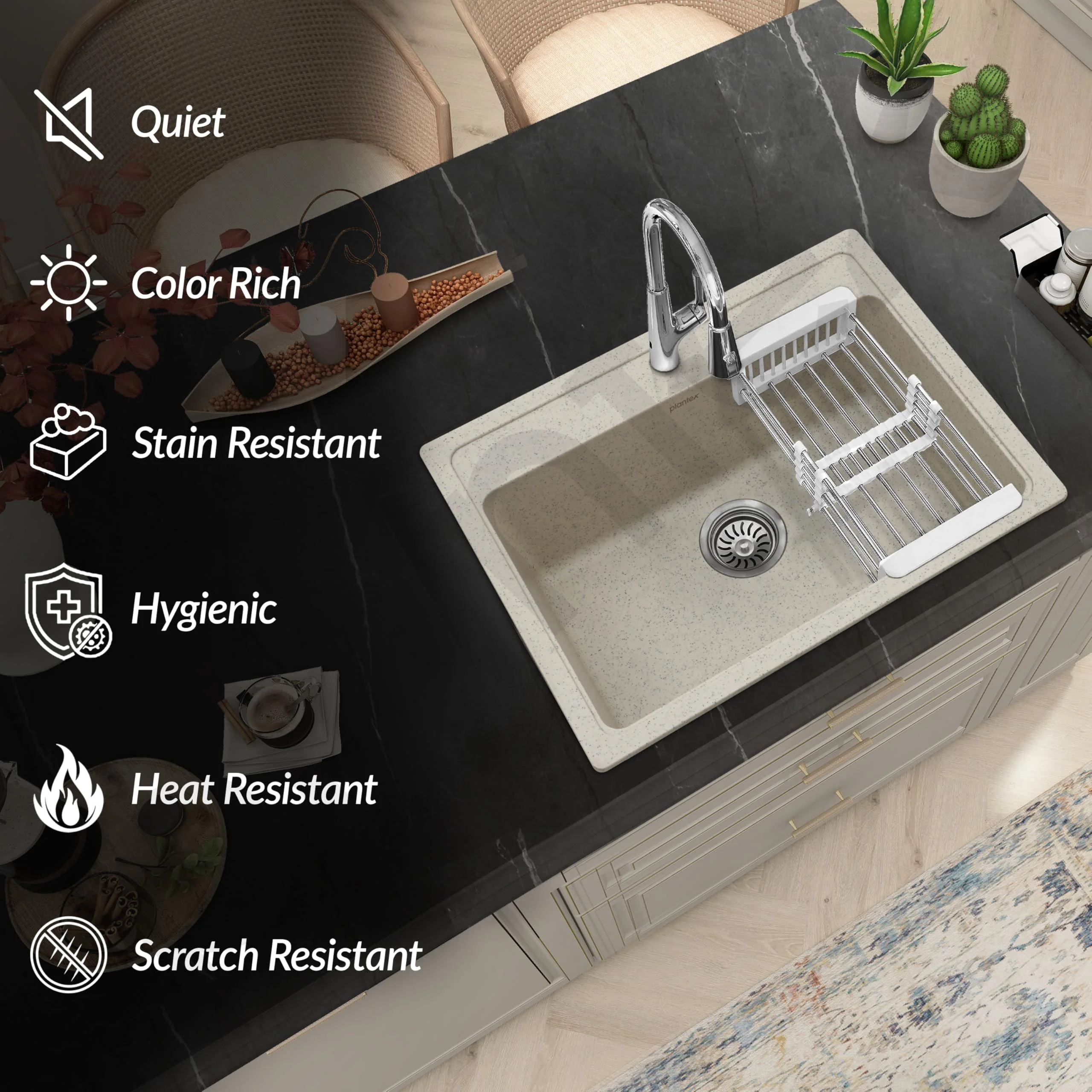 Plantex Matt Quartz Sink For Kitchen/UV Protected Kitchen Sink/Granite Single Bowl Sink/Undermount/Topmount (Mosaic Grey - 24X18 Inches) - Image 7