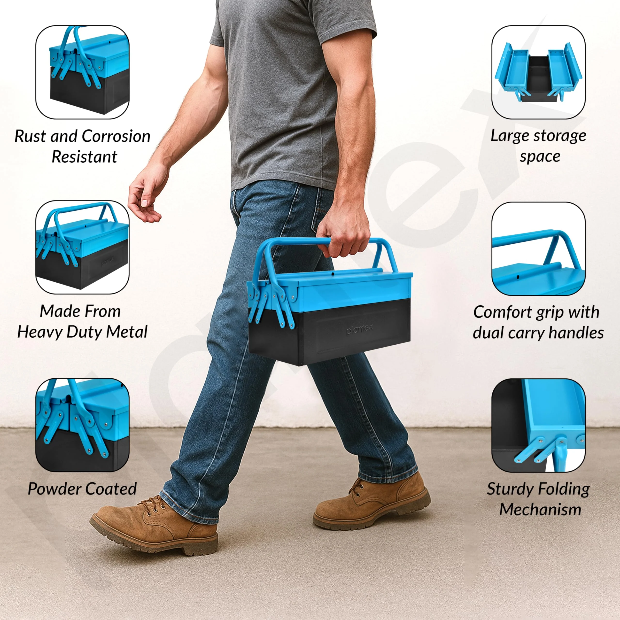 Plantex Metal Tool Box for Home Use/3 Cabinet Empty Tool Kit Box/Tools Box/Tool Organizer for Essential Tools With Large Capacity & Strong Handle - (Blue & Black) - Image 2