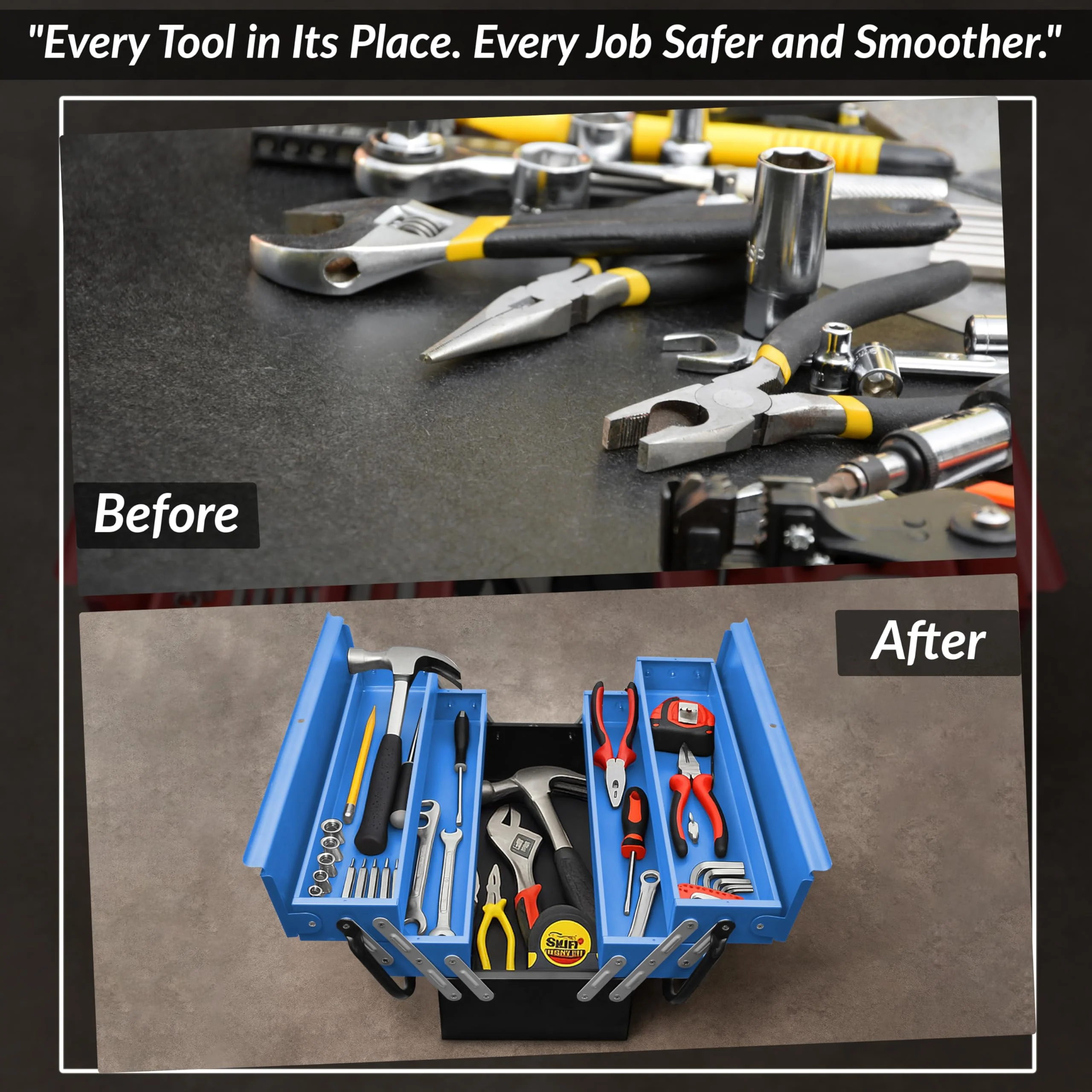 Plantex Metal Tool Box/Tools Box With Large Capacity/Empty Tool Box/Tool Organizer For Carpenter, Garage, And Home Essential Tools - 5 Compartments - (Blue & Black) - Image 5