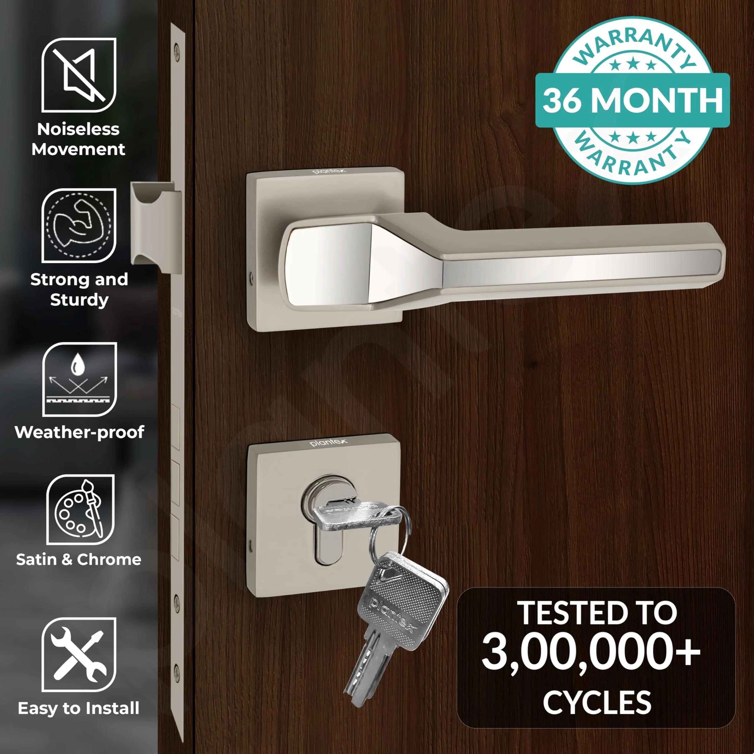 Plantex Mortise Handle Lock for Main Door/Premium Door Lock Set for Home with 3 Years Warranty (Chrome & Satin) - Image 2