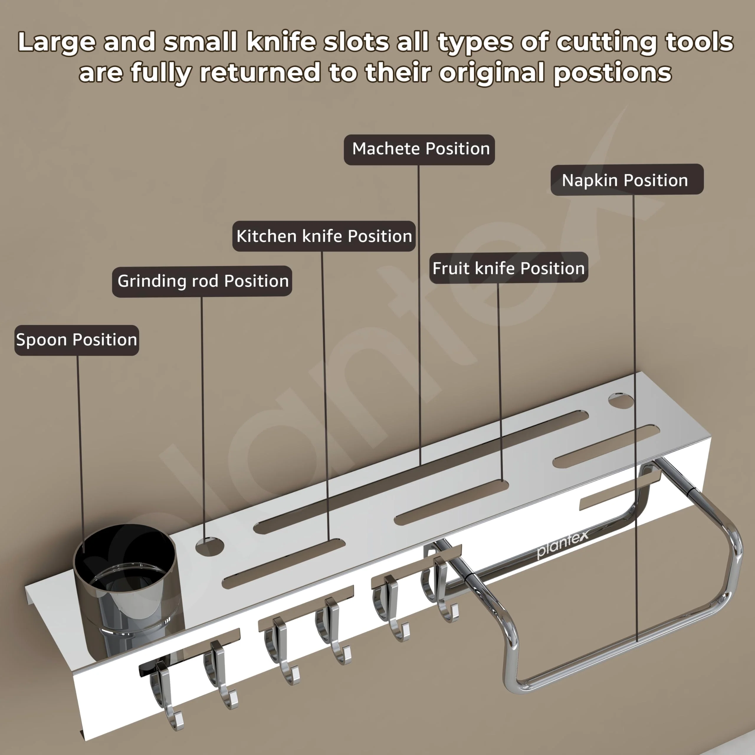 Plantex Multifunctional Stainless Steel Kitchen Cutlery Organizer/Knife Holder/Cutlery Stand/Spatula-Ladle Holder with Adjustable Hooks and Towel Hanger (Chrome) - Image 4