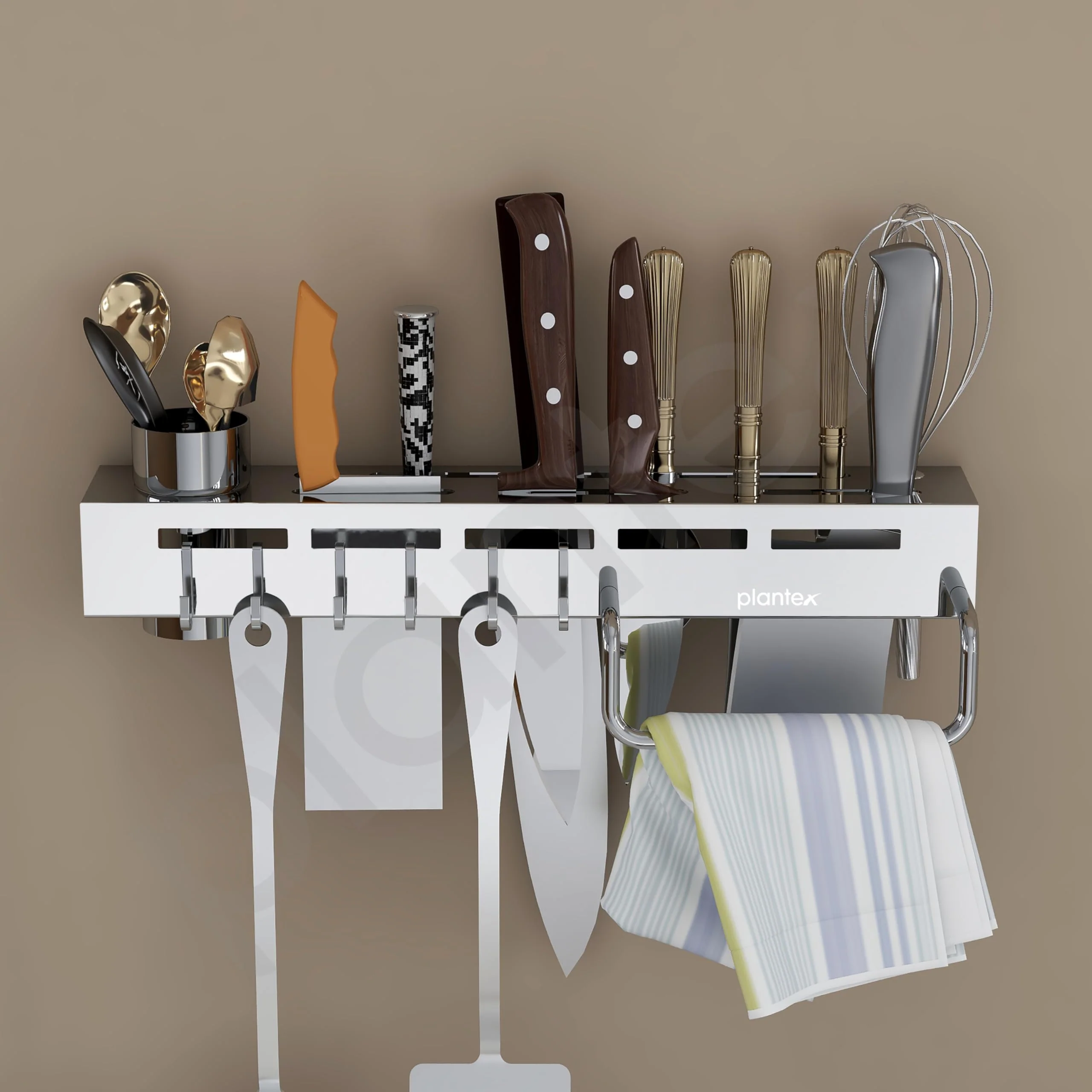 Plantex Multifunctional Stainless Steel Kitchen Cutlery Organizer/Knife Holder/Cutlery Stand/Spatula-Ladle Holder with Adjustable Hooks and Towel Hanger (Chrome) - Image 5